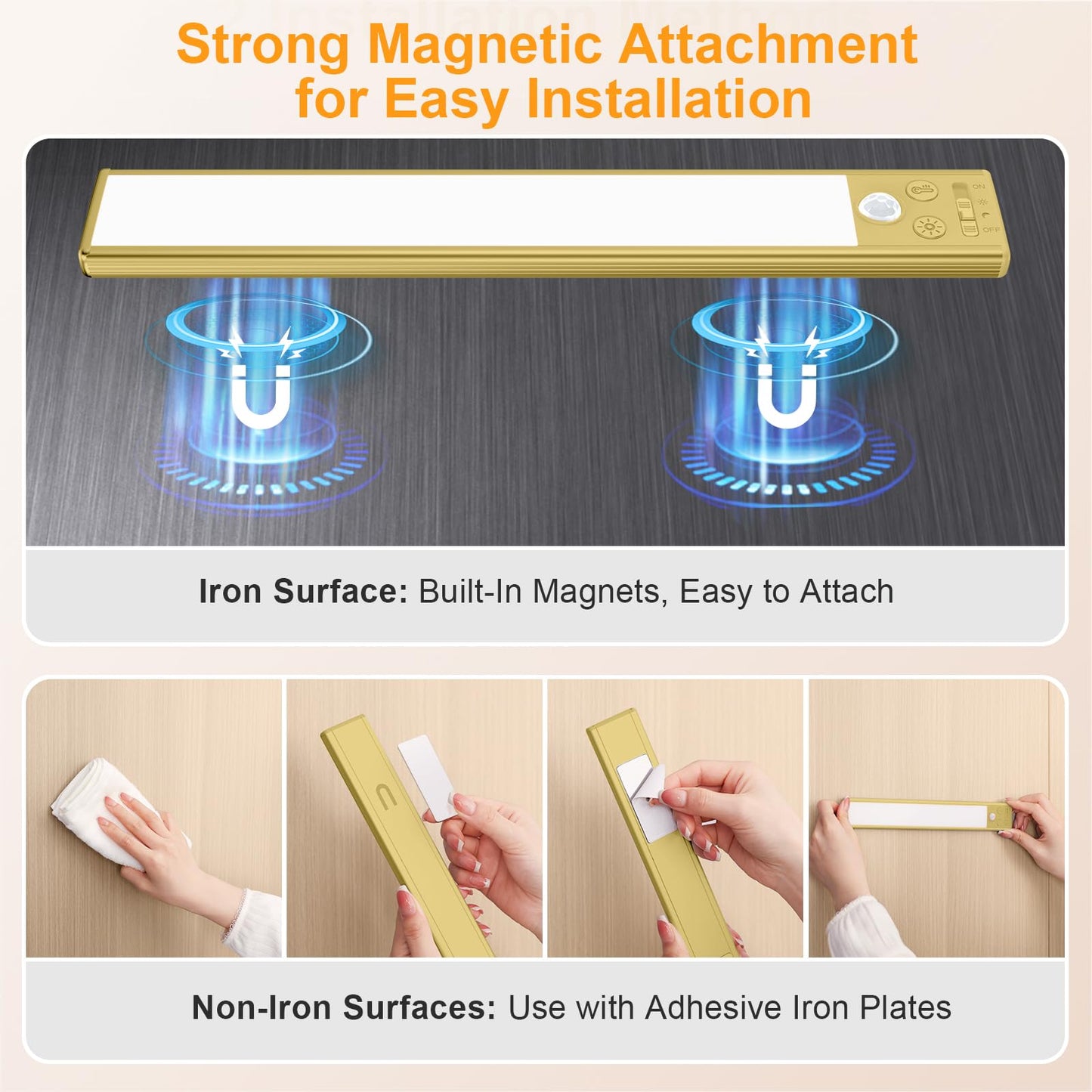 Gritin 10.2inch Under Cabinet Lighting Rechargeable -84 LED Super Bright,3-Color& 5 Level Brightness,4 Modes,Motion Sensor,Long Lasting- Easy Installation Magnetic Under Cabinet Closet Lights -2 Pack