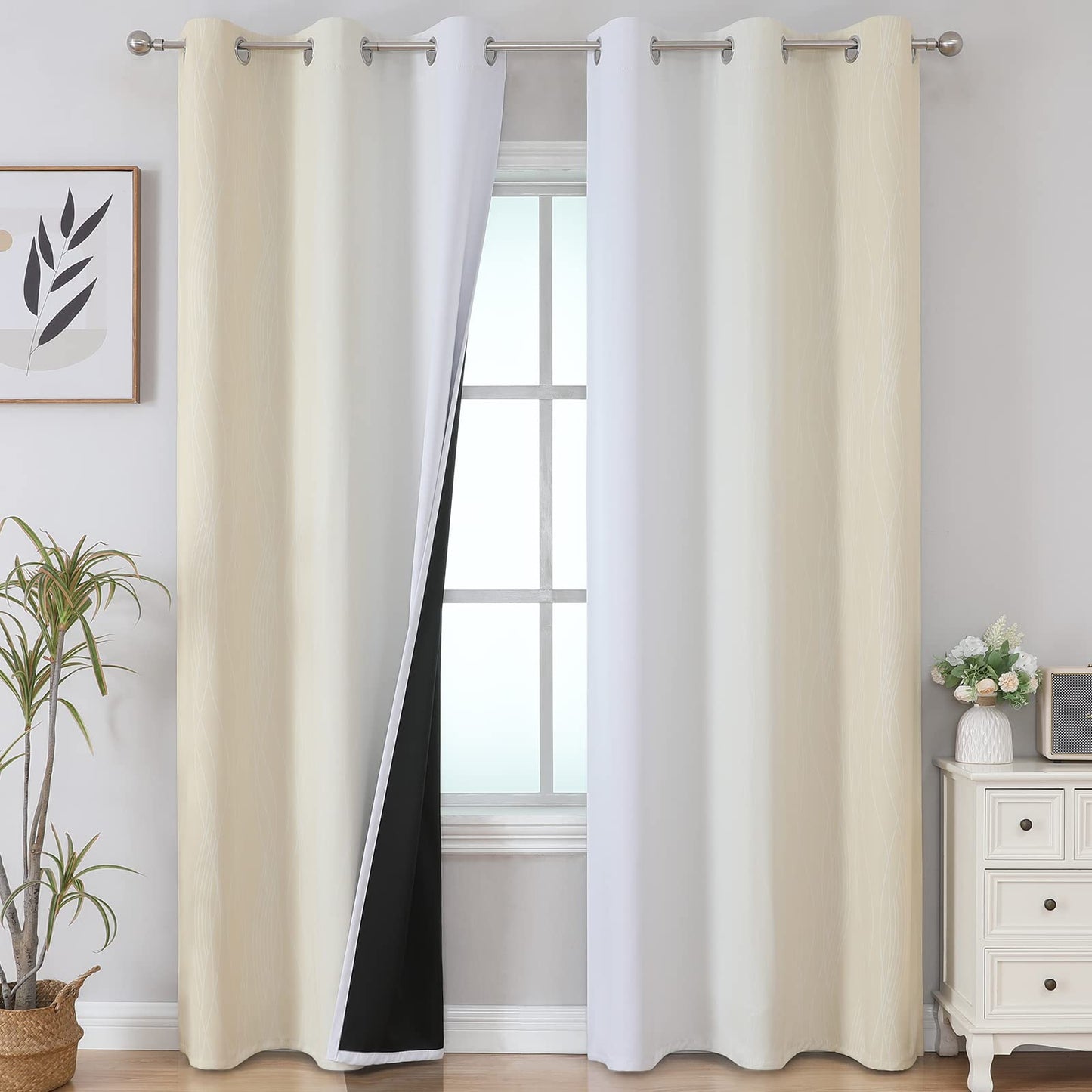 Estelar Textiler Beige and Greyish White Blackout Curtains for Living Room, Full Room Darkening Gradient Drapes for Bedroom, Thermal Insulated Ombre Grommet Curtains for Dining Room,52Wx84L,2 Panels