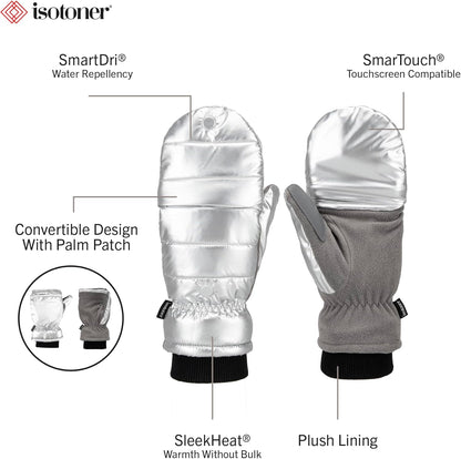 isotoner womens Water Repellent Touchscreen Iridescent Sleekheat Gloves and Flip Top Mittens