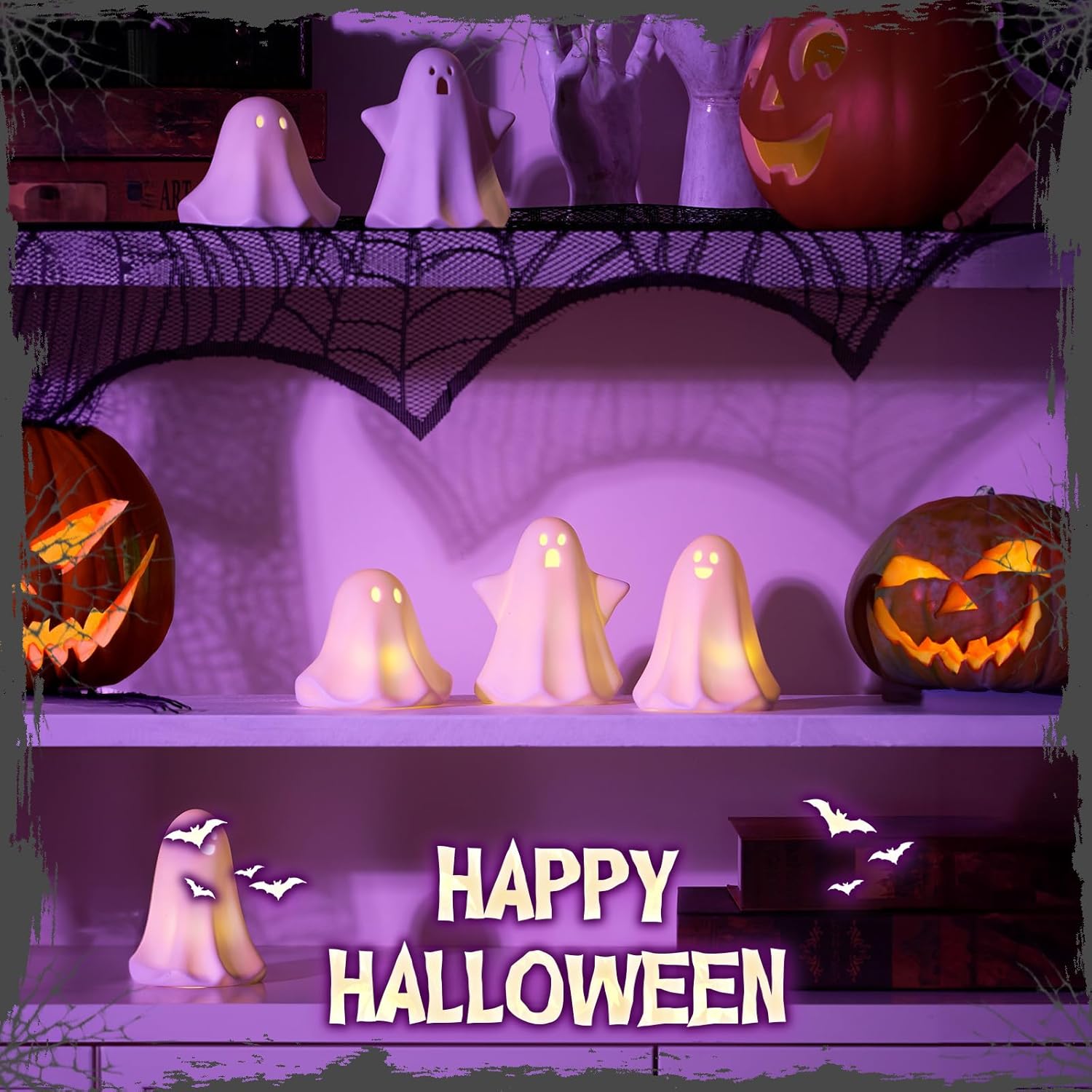 Light Up Ghost Halloween Decor, 5" Cute Halloween Decorations Indoor, 3PCS LED Ceramic Ghost for Halloween Table, Desk, Tray, Shelf, Bedroom Decor, White Spooky Decorative Ghosts Figurines