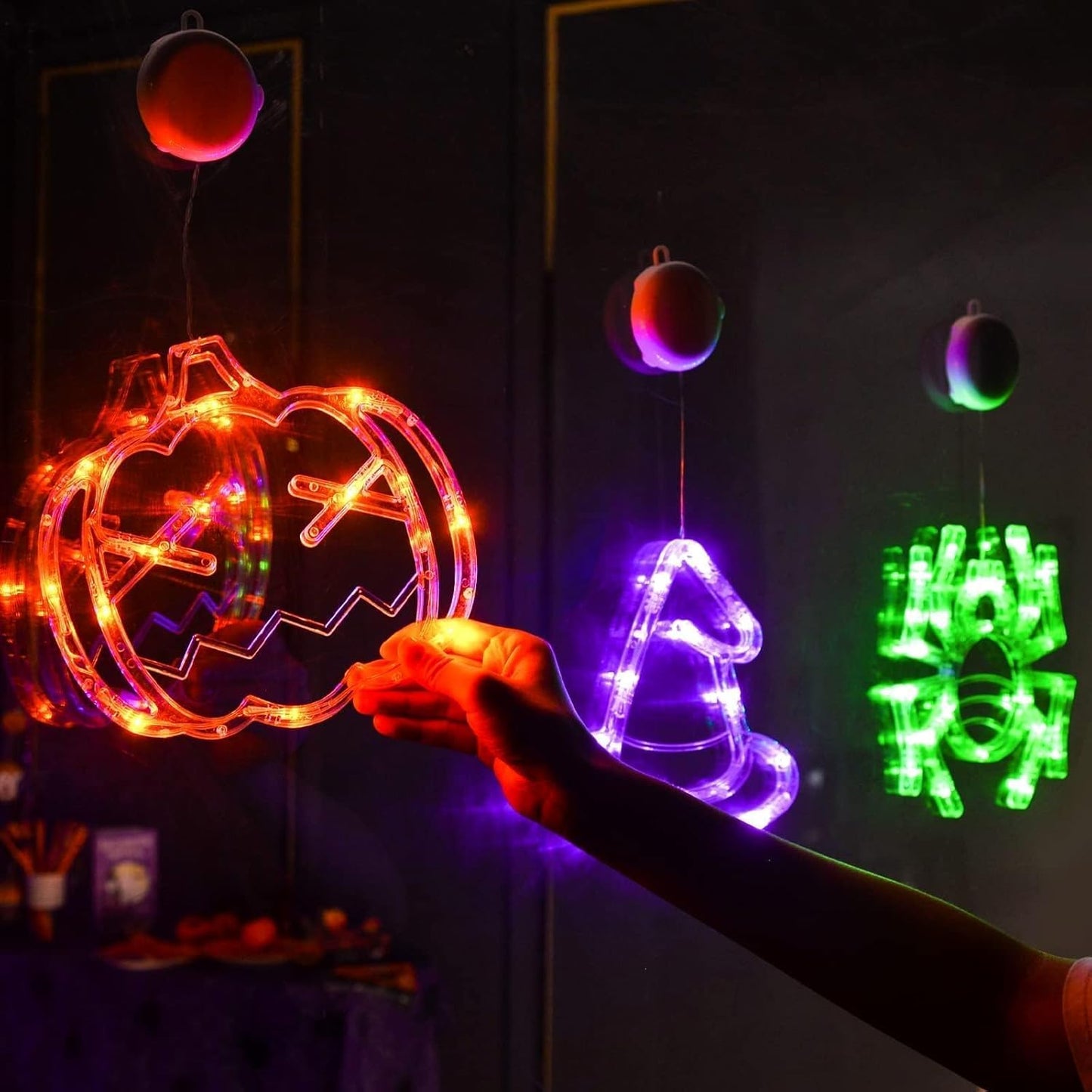 LOLStar Halloween Window Decorations 3 Pack Orange Pumpkin Green Spider Purple Witch Hat Battery Operated Window Lights with Suction Cup Slow Fade Timer Function Halloween Indoor Lights for Windows