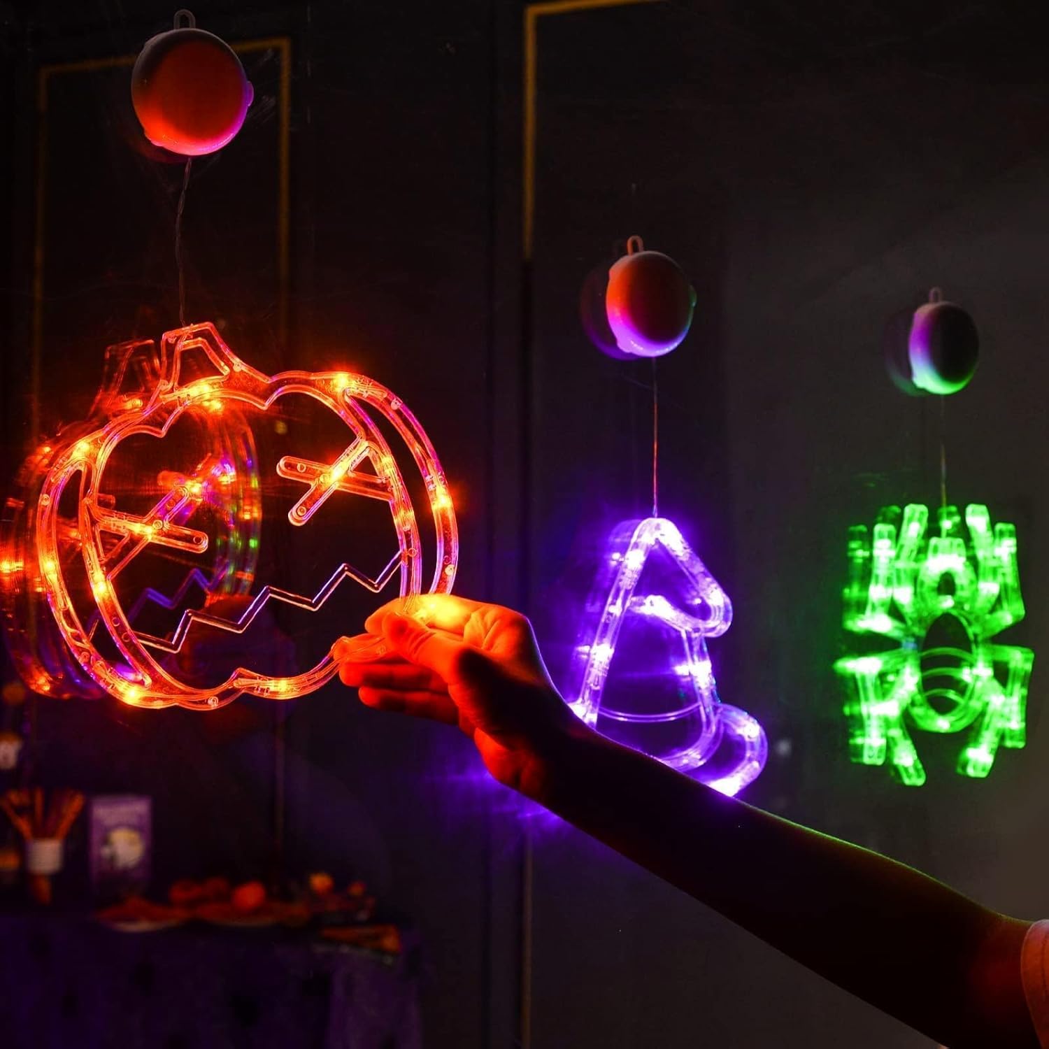 LOLStar Halloween Window Decorations 3 Pack Orange Pumpkin Green Spider Purple Witch Hat Battery Operated Window Lights with Suction Cup Slow Fade Timer Function Halloween Indoor Lights for Windows