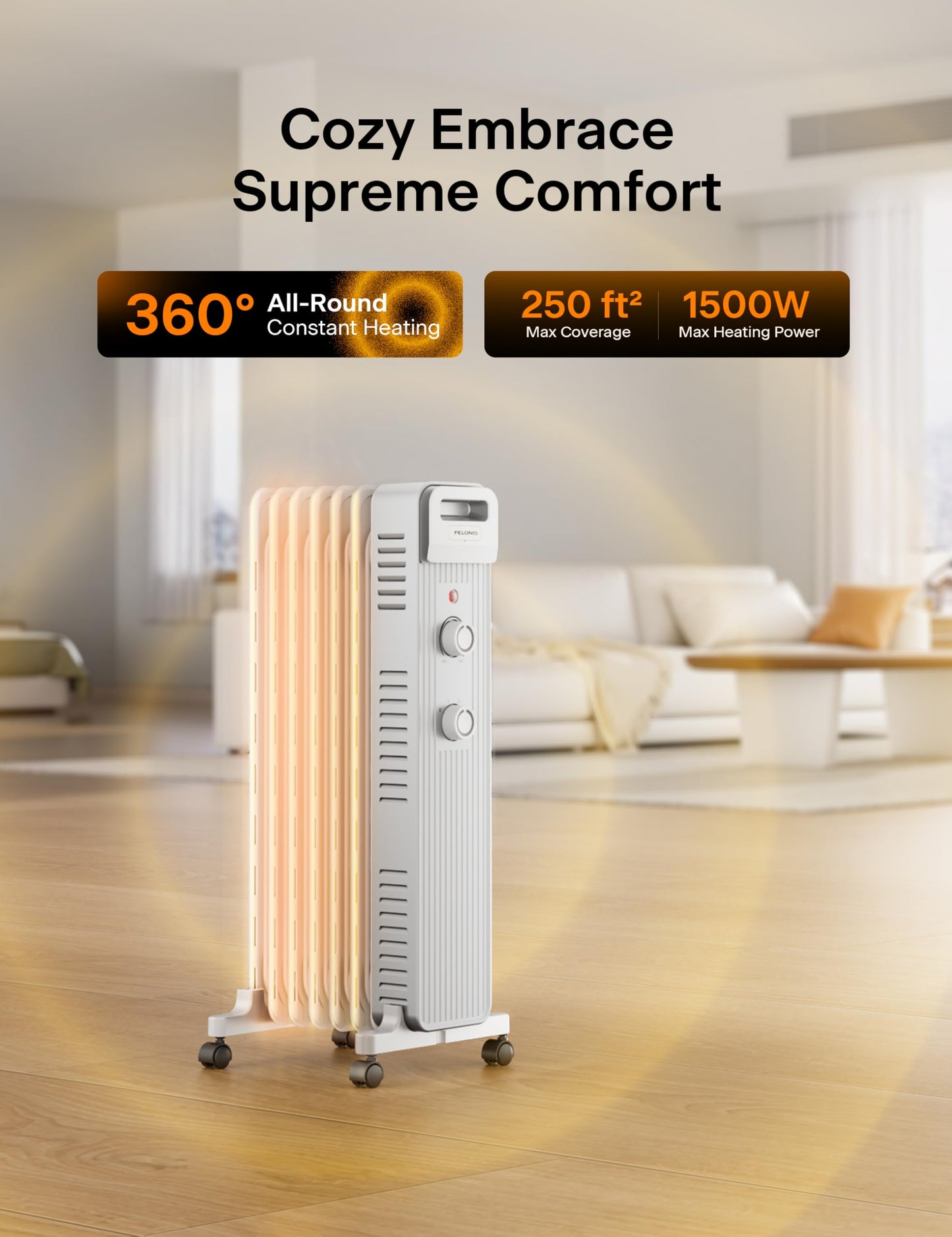 Pelonis Oil Filled Radiator Heater for Large Space, 2025 Upgraded, Space Heaters with 1500W Quiet Warmth Radiant Heater, 3 Heating Modes, Overheat & Tip-Over Protection, Adjustable Thermostat, Black