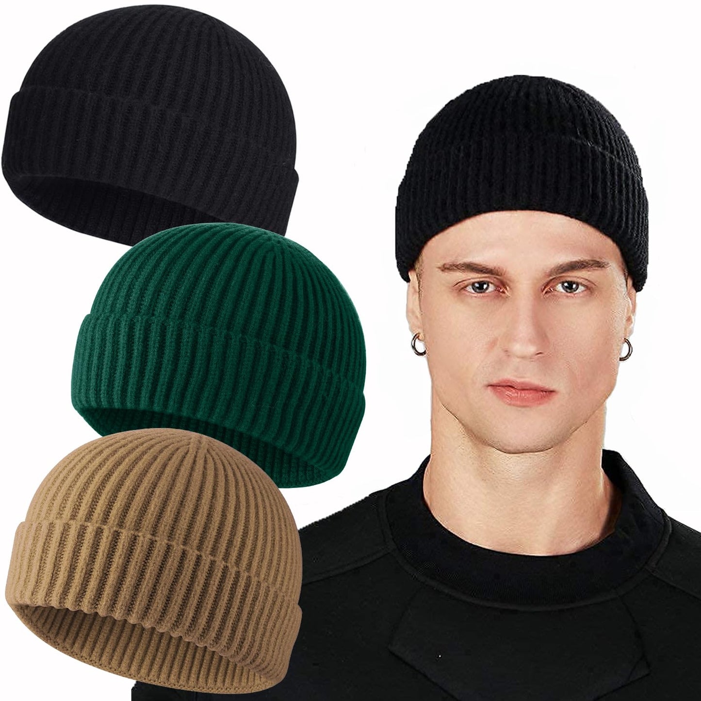 ROYBENS Swag Wool Knit Cuff Short Fisherman Beanie for Men Women, Winter Warm Hats