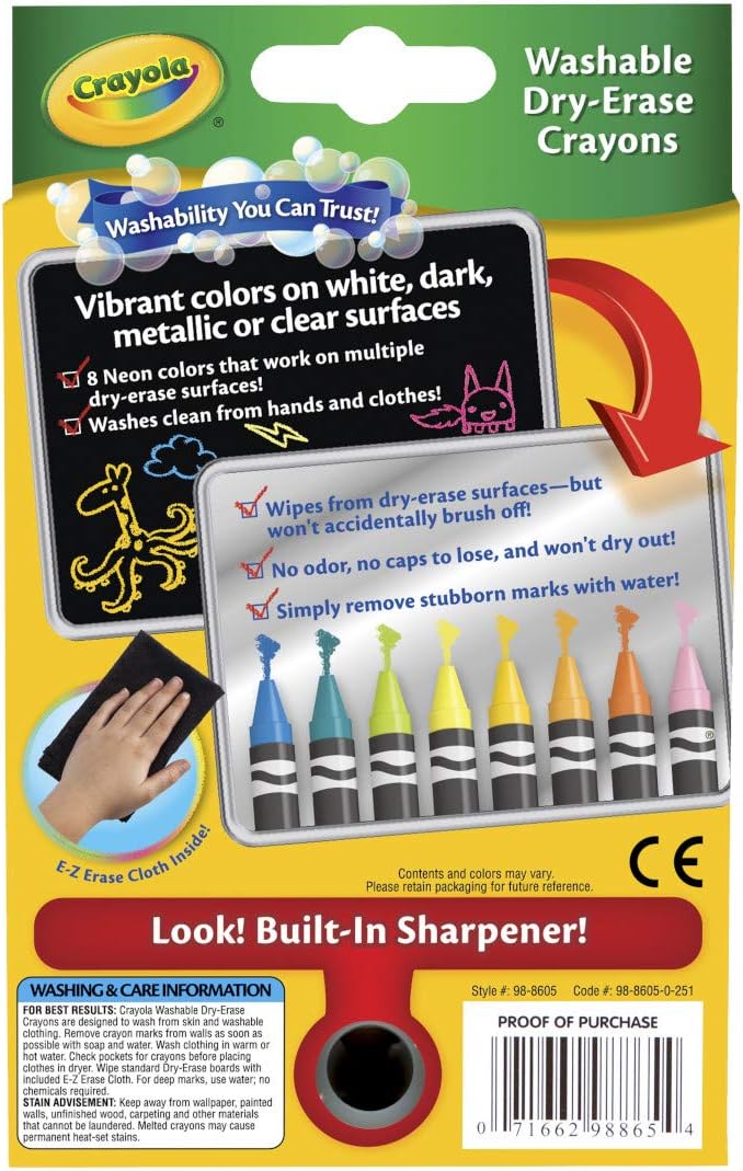 Crayola, Dry-Erase Neon Crayons, Art Tools, 8 Count, Washable, Perfect for Classroom Art Activities, Includes Sharpener and Erase Cloth