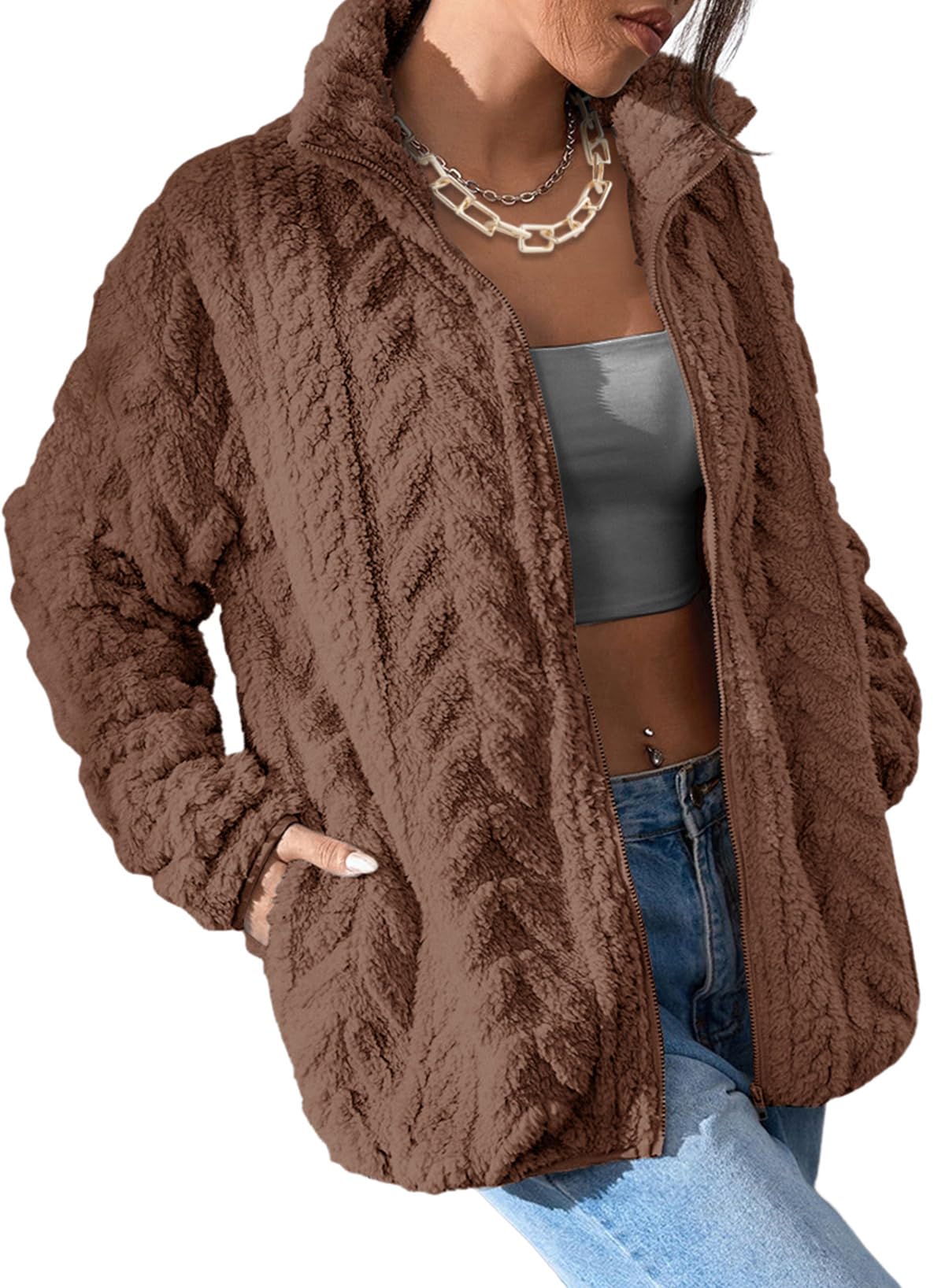 Dokotoo Winter Fleece Jacket for Women 2025 Zipper Stand Collar Casual Coats with Pockets