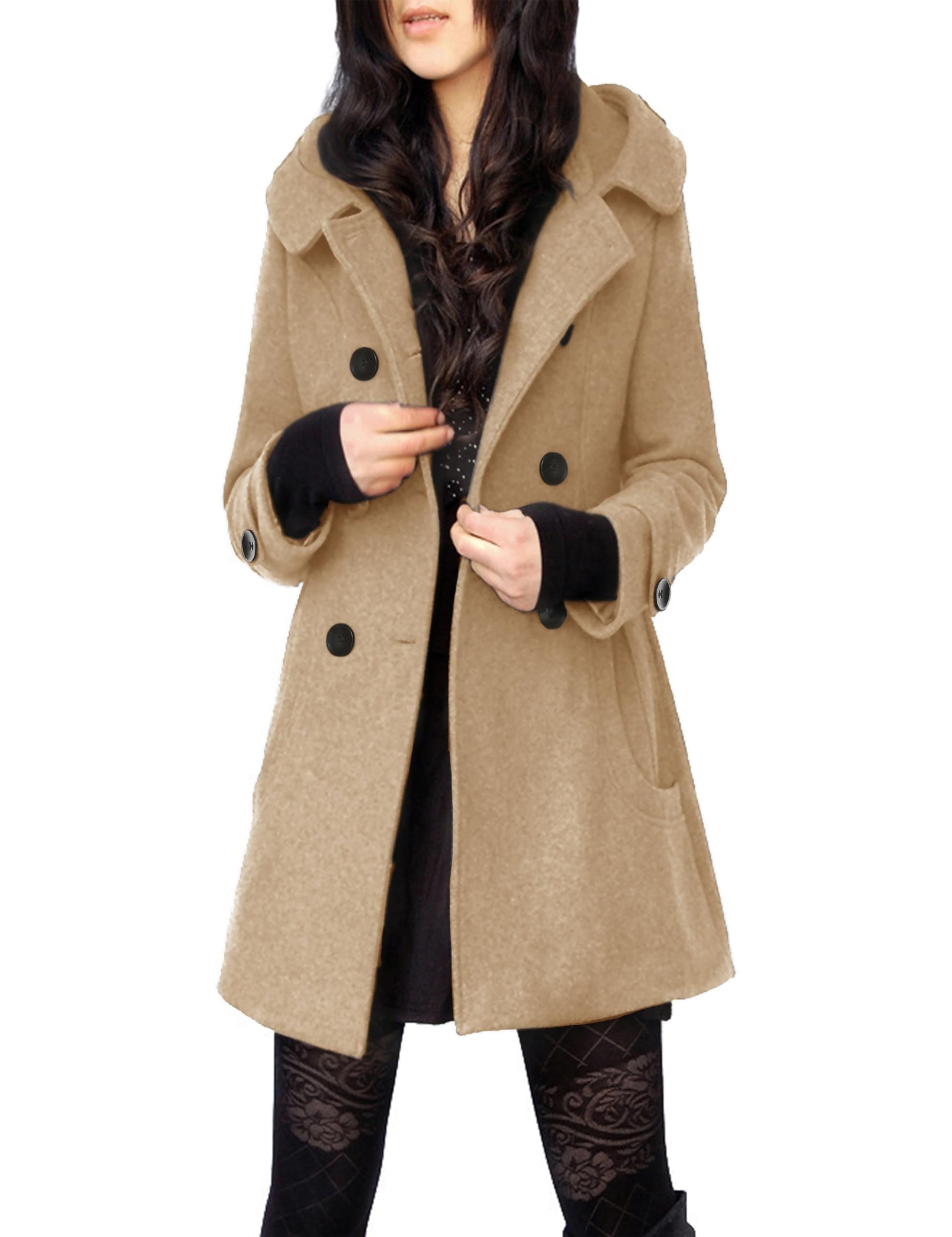 Tanming Women's Warm Double Breasted Wool Pea Coat Trench Coat Jacket with Hood