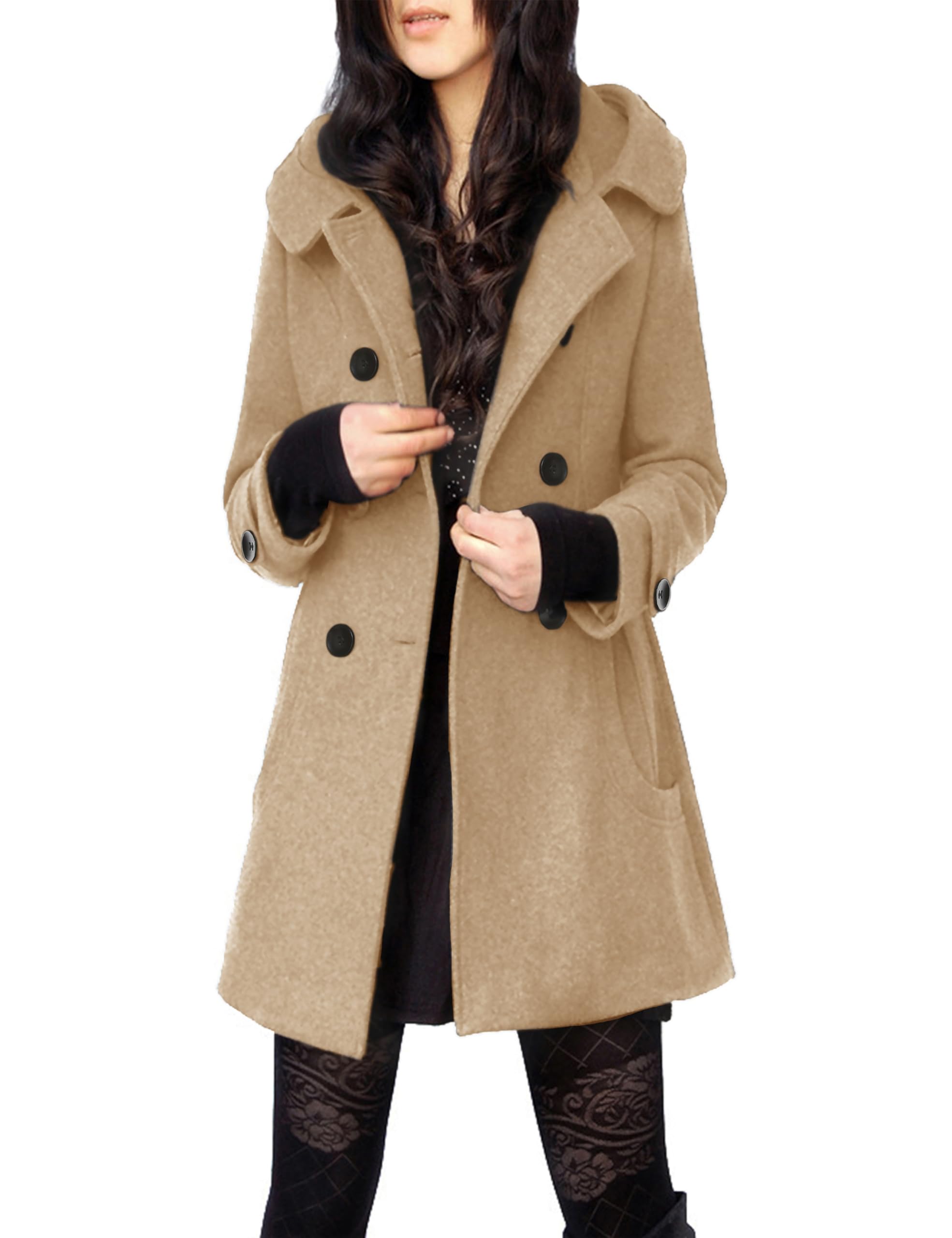 Tanming Women's Warm Double Breasted Wool Pea Coat Trench Coat Jacket with Hood