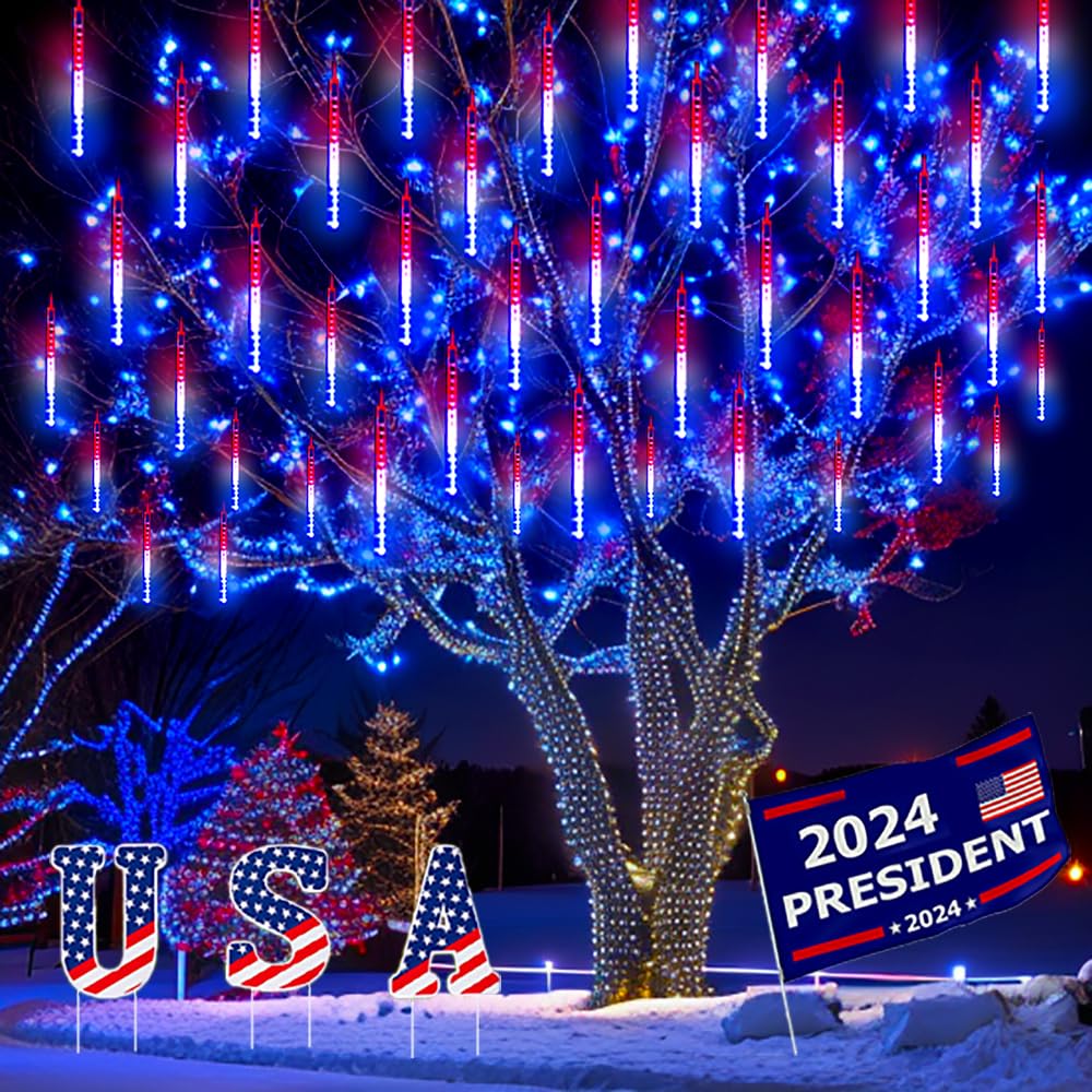 Kwaiffeo Outdoor Christmas Decorations, Waterproof 16-Tube Meteor Shower Lights for Xmas Wedding Party Hanging Decor, Wedding Decorations for Reception, Equivalent to 2 Sets of 8-Tubes, White