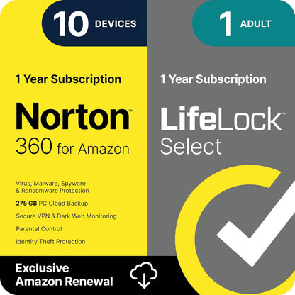 Norton 360 with LifeLock Select Bundle, 1 Year Subscription - 10 Devices - All-in-One Protection for your Devices, Online Privacy, and Identity, Activation Required [Subscription]