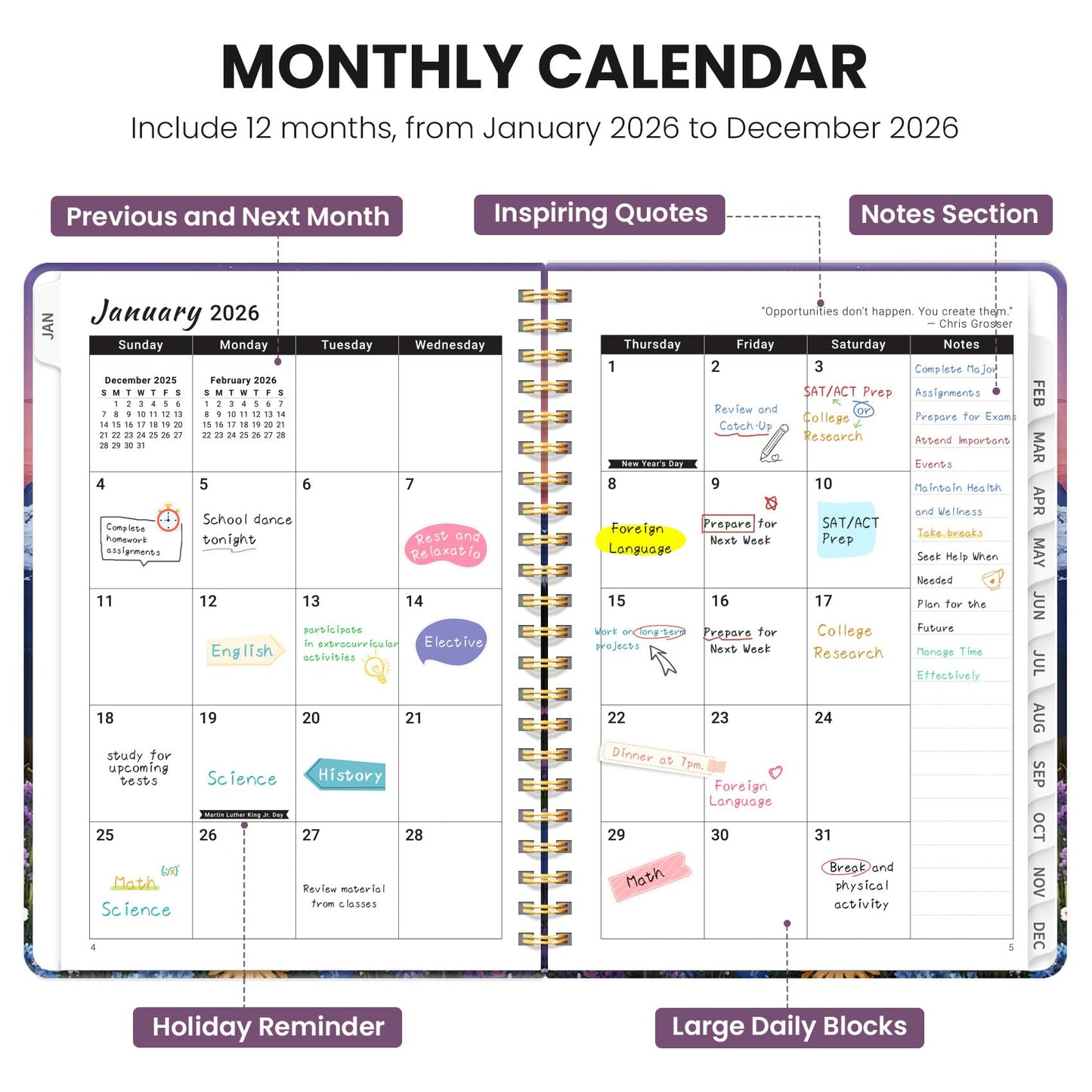 Hardcover 2026 Planner, Weekly and Monthly Calendar, Jan - Dec 2026 Planner Book with Tabs for Women, Inner Pocket, Spiral Bound, Perfect for Office/Home/School Supplies, Petals, A5, 6.3" x 8.5"