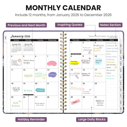 Hardcover 2026 Planner, Weekly and Monthly Calendar, Jan - Dec 2026 Planner Book with Tabs for Women, Inner Pocket, Spiral Bound, Perfect for Office/Home/School Supplies, Petals, A5, 6.3" x 8.5"