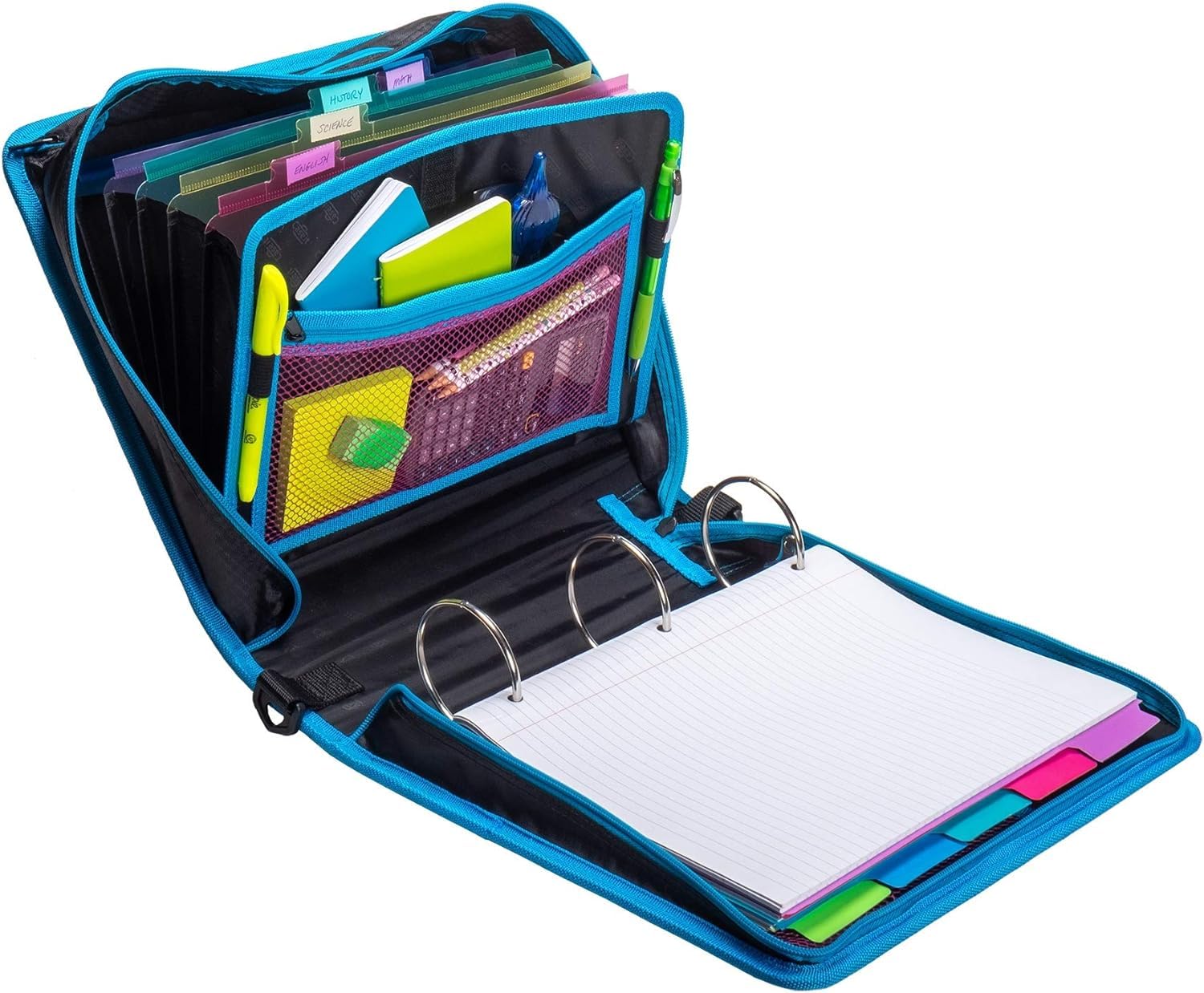 Case-it Mighty Zip Tab School Zipper Binder | 3-Inch O-Rings, 600-Sheet Capacity, 5-Subject Expanding File Folder, Multiple Pockets & Storage Organizer, Shoulder Strap | D-146 Fun Flowers