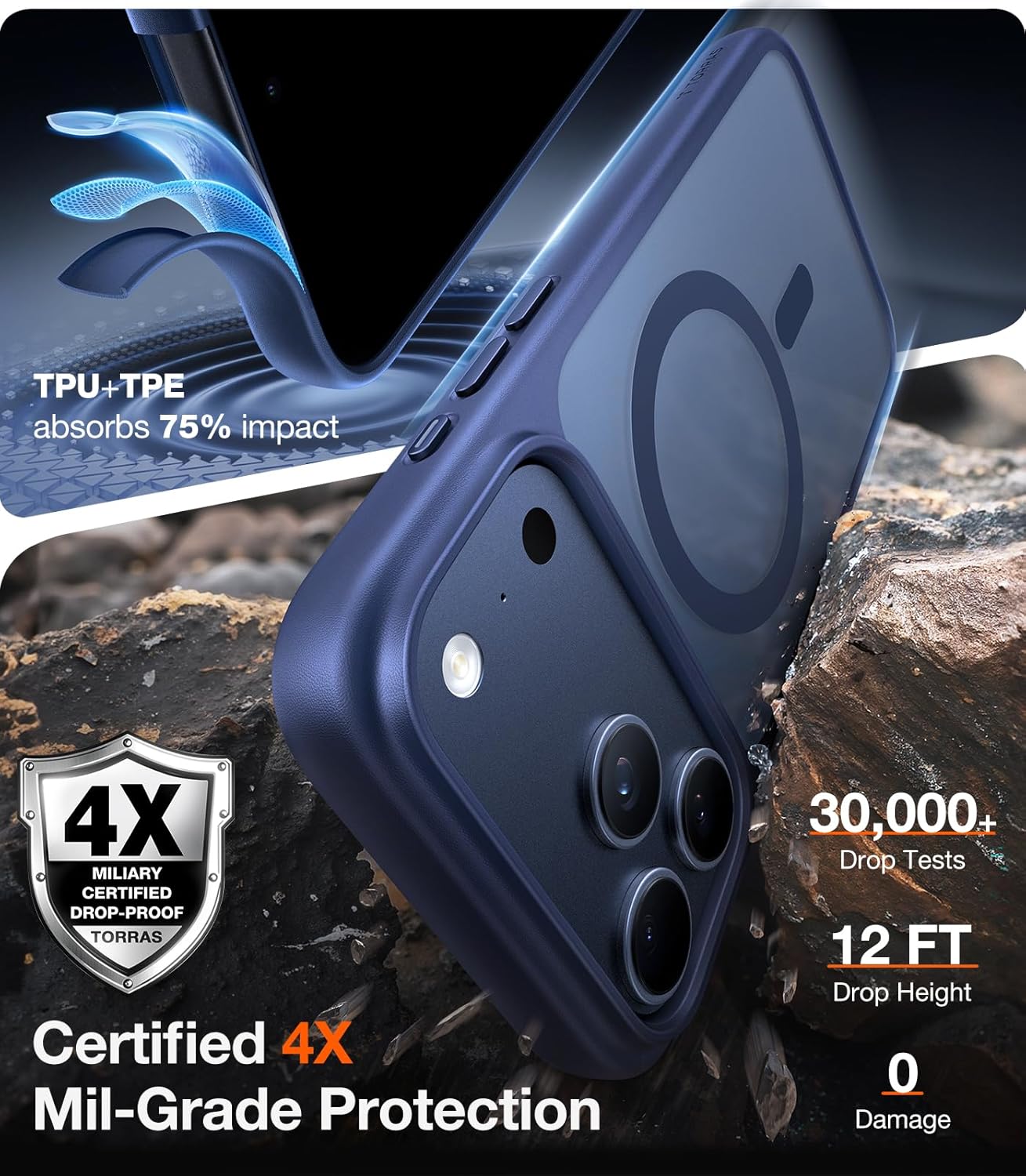 TORRAS Stronger Magnetic & Shockproof for iPhone 17 Pro Max Case, Fit for MagSafe, Military Grade Drop Protection, Camera Control, DIY Button, Slim for iPhone 17 Pro Max Case Translucent Deep Blue