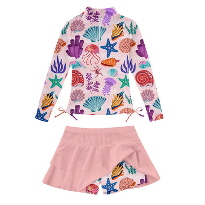 Vogseek 3-12T Girls Rash Guard 2 Pieces Bathing Suit Long Sleeve Swimsuit Swimming Skirt with Shorts Swimwear
