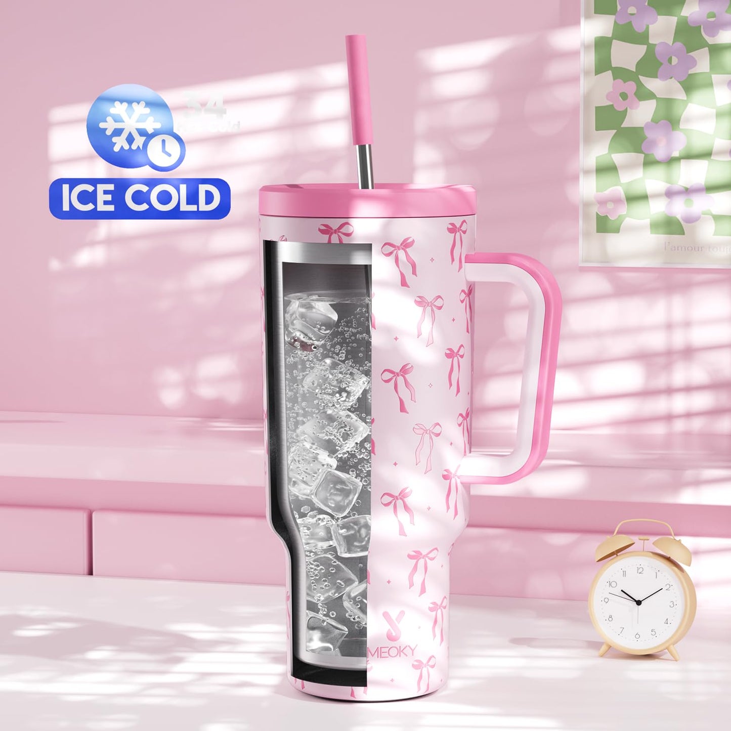 Meoky 40 oz Christmas Tumbler with Handle and Straw, Xmas Tumbler with Lid and Straw, Insulated Stainless Steel Travel Mug, Christmas Gifts for Women Men Adults (Jolly Reindeer)