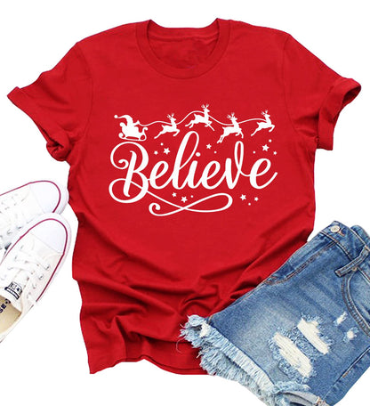 Believe Christmas Shirt for Women Christmas Tree Graphic T-Shirts Believe Letter Print Tees Holiday Tops