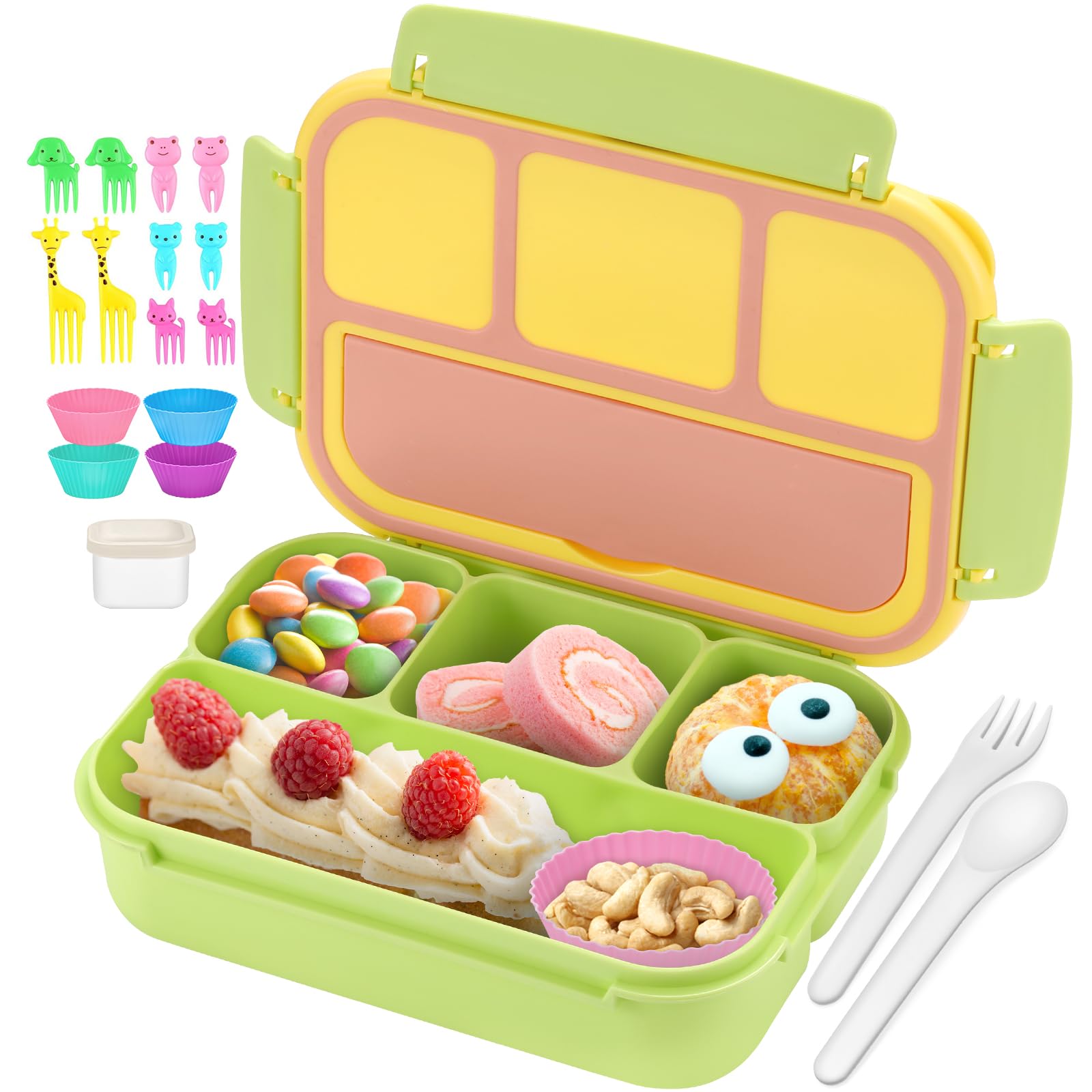 QQKO Bento Lunch Box for Kids Girls Boys, Toddler Kids Lunch Boxes for School, Lunch Containers for Adults with 4 Compartments, Sauce Container, Utensils, Food Picks and Muffin Cups, Purple