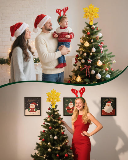 Brightown Christmas Tree Topper with Built-in 3D Glitter Led Snowflake Projector Lights, Gold Hexagonal Snowflake Tree Toppers Christmas Decorations Indoor for Xmas New Year Party Holiday