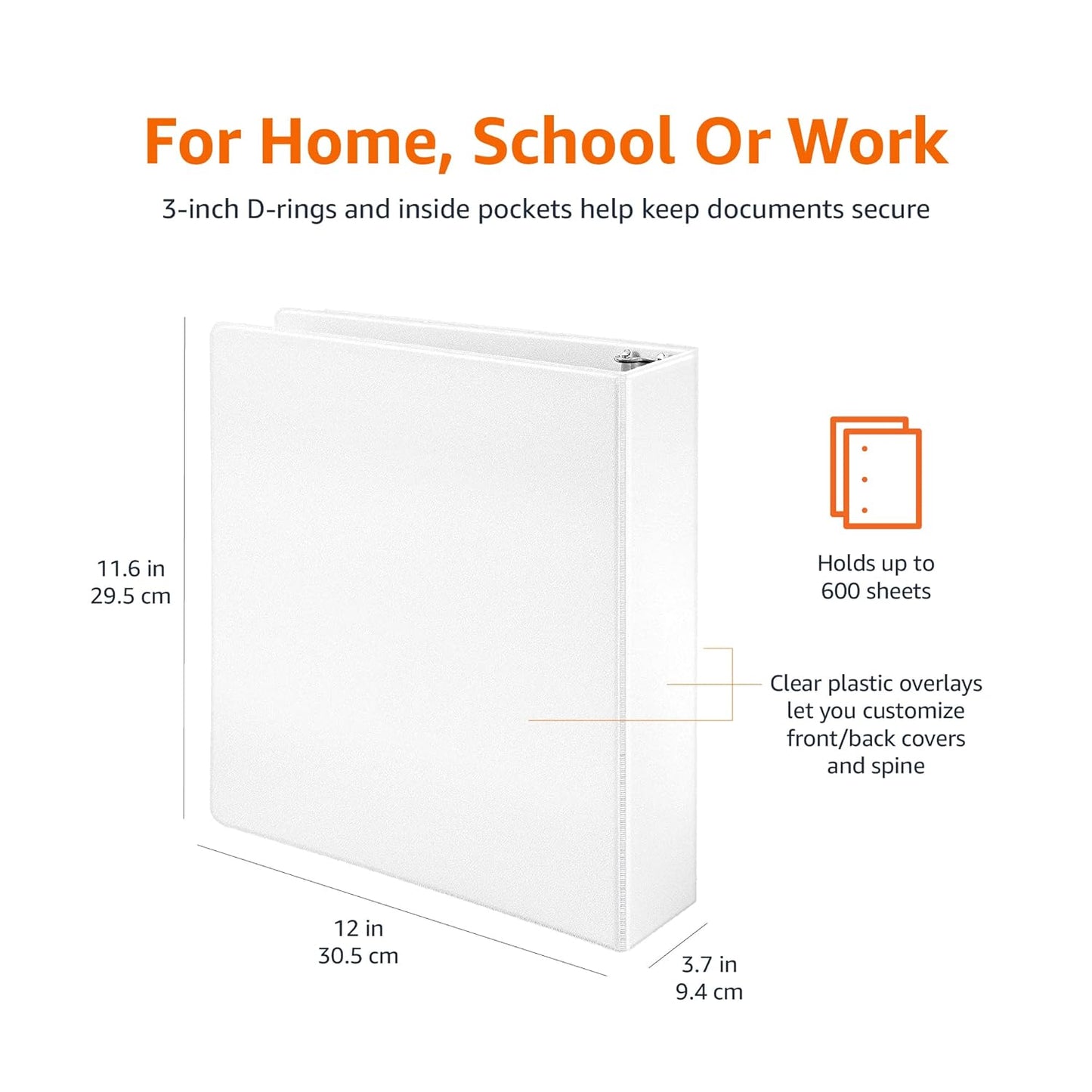 Amazon Basics 3 Ring Binders, 3 Inch, 2 Pack, D-Ring Organizer for School, Home Office, White