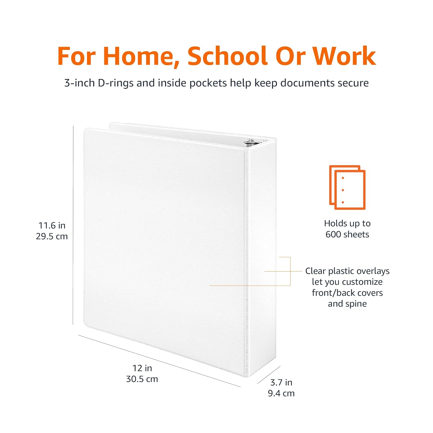 Amazon Basics 3 Ring Binders, 3 Inch, 2 Pack, D-Ring Organizer for School, Home Office, White
