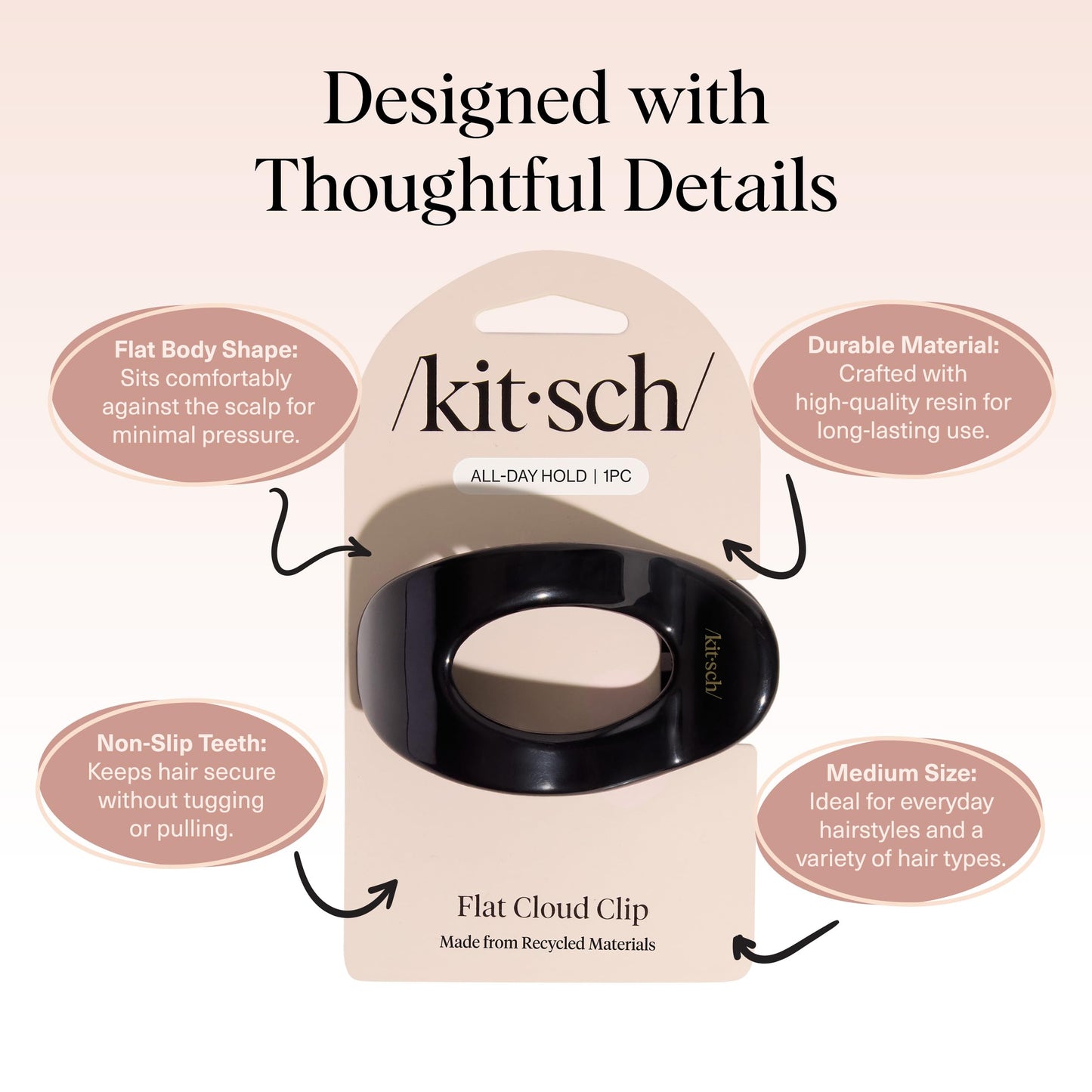 Kitsch Medium Flat Claw Clips for Women - Stylish Flat Hair Clips, Strong Hold for Thick & Fine Hair | Non-Slip for Secure, Comfortable All-Day Wear | Ideal Gifts for Women - Tortoise Design