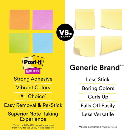 Post-it Super Sticky Notes, 24 Sticky Note Pads, 3 x 3 in., School Supplies, Office Products, Sticky Notes for Vertical Surfaces, Monitors, Walls and Windows, Supernova Neons Collection