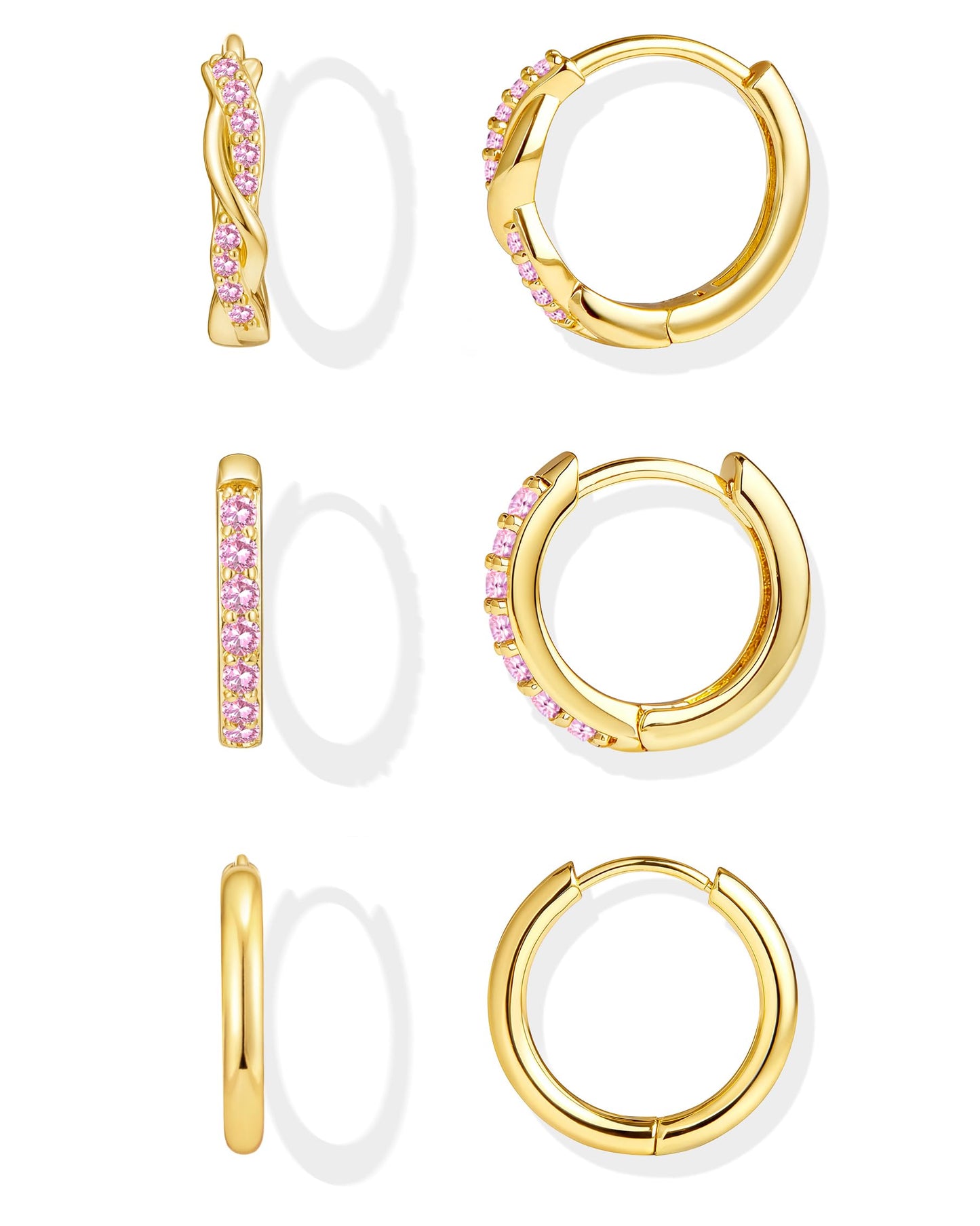 Inerney Gold Huggie Hoop Earrings Set for Women, Dainty Small Sterling Silver Earring Stacks Hypoallergenic Jewelry for Multiple Piercings, Trendy Twisted Cute Cartilage Hoops Birthstone Gift 3 Pairs