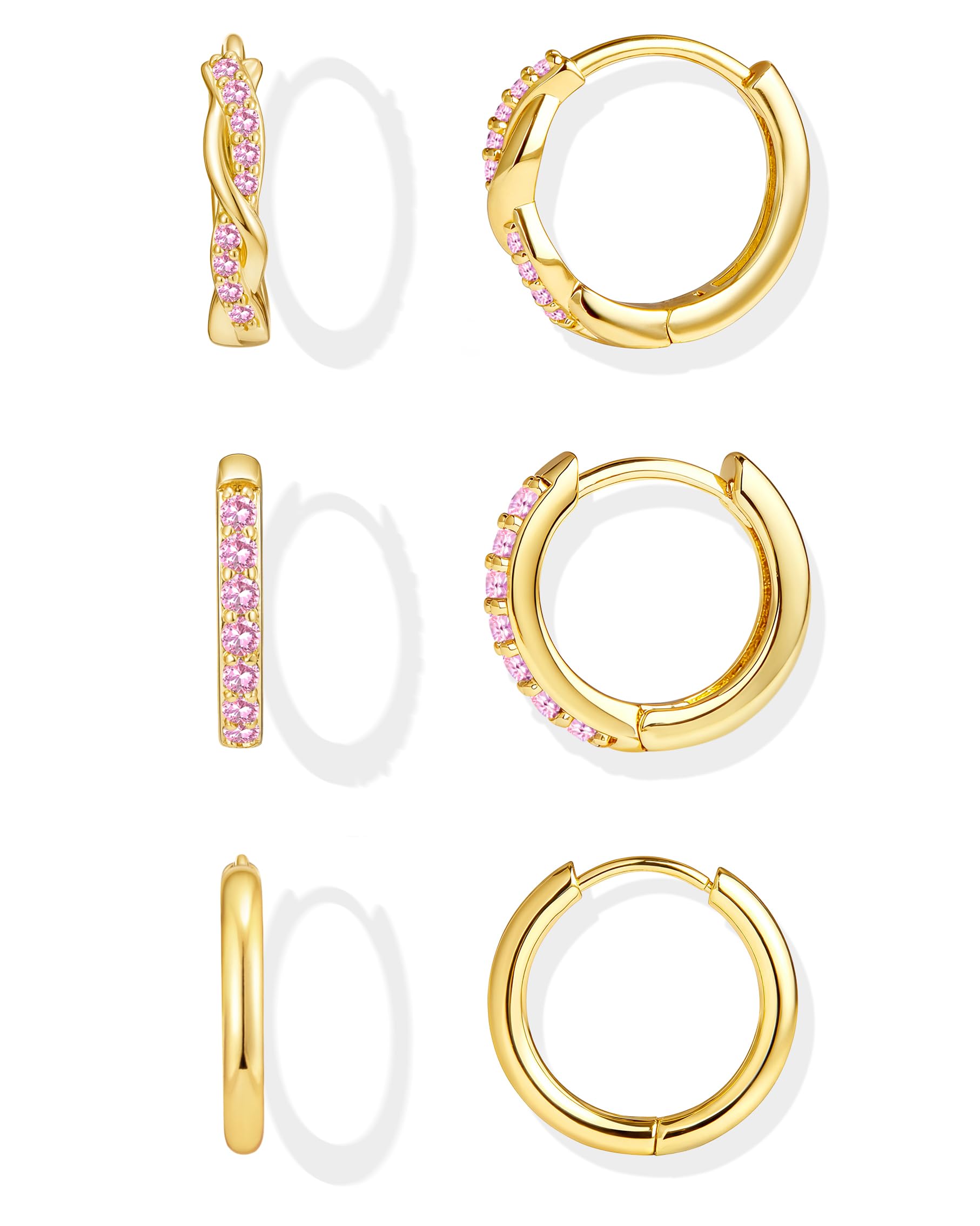 Inerney Gold Huggie Hoop Earrings Set for Women, Dainty Small Sterling Silver Earring Stacks Hypoallergenic Jewelry for Multiple Piercings, Trendy Twisted Cute Cartilage Hoops Birthstone Gift 3 Pairs