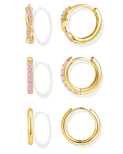 Inerney Gold Huggie Hoop Earrings Set for Women, Dainty Small Sterling Silver Earring Stacks Hypoallergenic Jewelry for Multiple Piercings, Trendy Twisted Cute Cartilage Hoops Birthstone Gift 3 Pairs