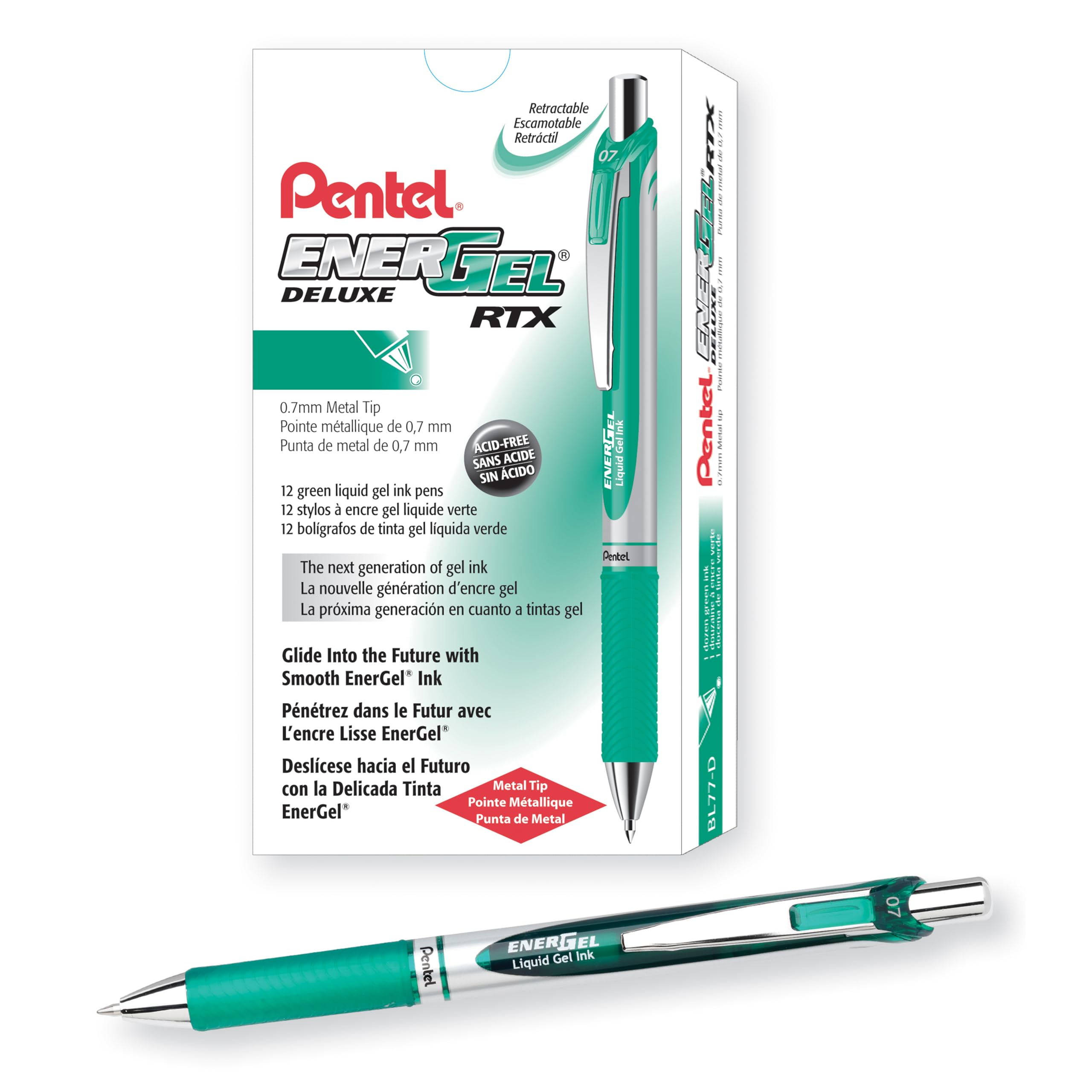 Pentel EnerGel Retractable Liquid Gel Pens, Medium Point, 0.7 mm, Silver Barrel, 12 Black Ink pens, the Ultimate writing pens, the Best Writing Pens for office, school and journaling, Pack of 12