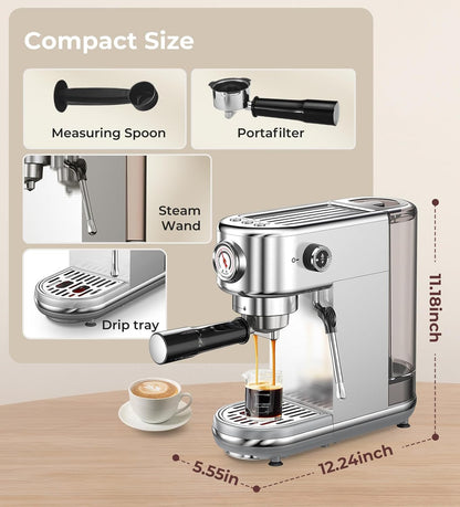 Espresso Machine with Milk Frother, 20 Bar High Pressure Professional Espresso Maker Automatic, Compact Stainless Steel Coffee Machine for Cappuccino, Latte, Gift for Coffee Lover, Dad or Mom, Silver