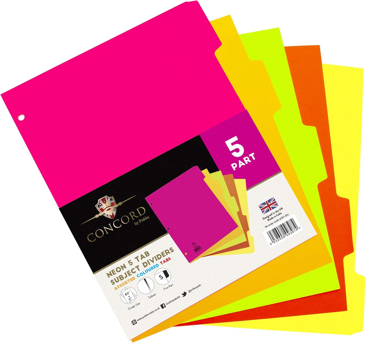 Pukka Pad, 5 Dividers, Binder Notebook File Page Separators, 5 Packs of 5 Tab Set, 8 ½ x 11 in. Neon Colors