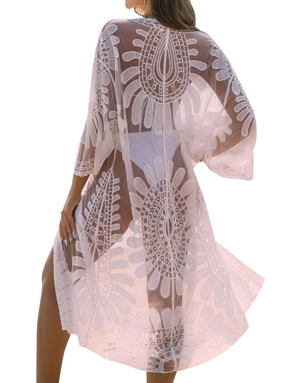 Blooming Jelly Womens Bathing Suit Cover Up 3/4 Sleeve Mesh Swimsuit Coverup Long Floral Beach Lace Kimono Summer Cardigan