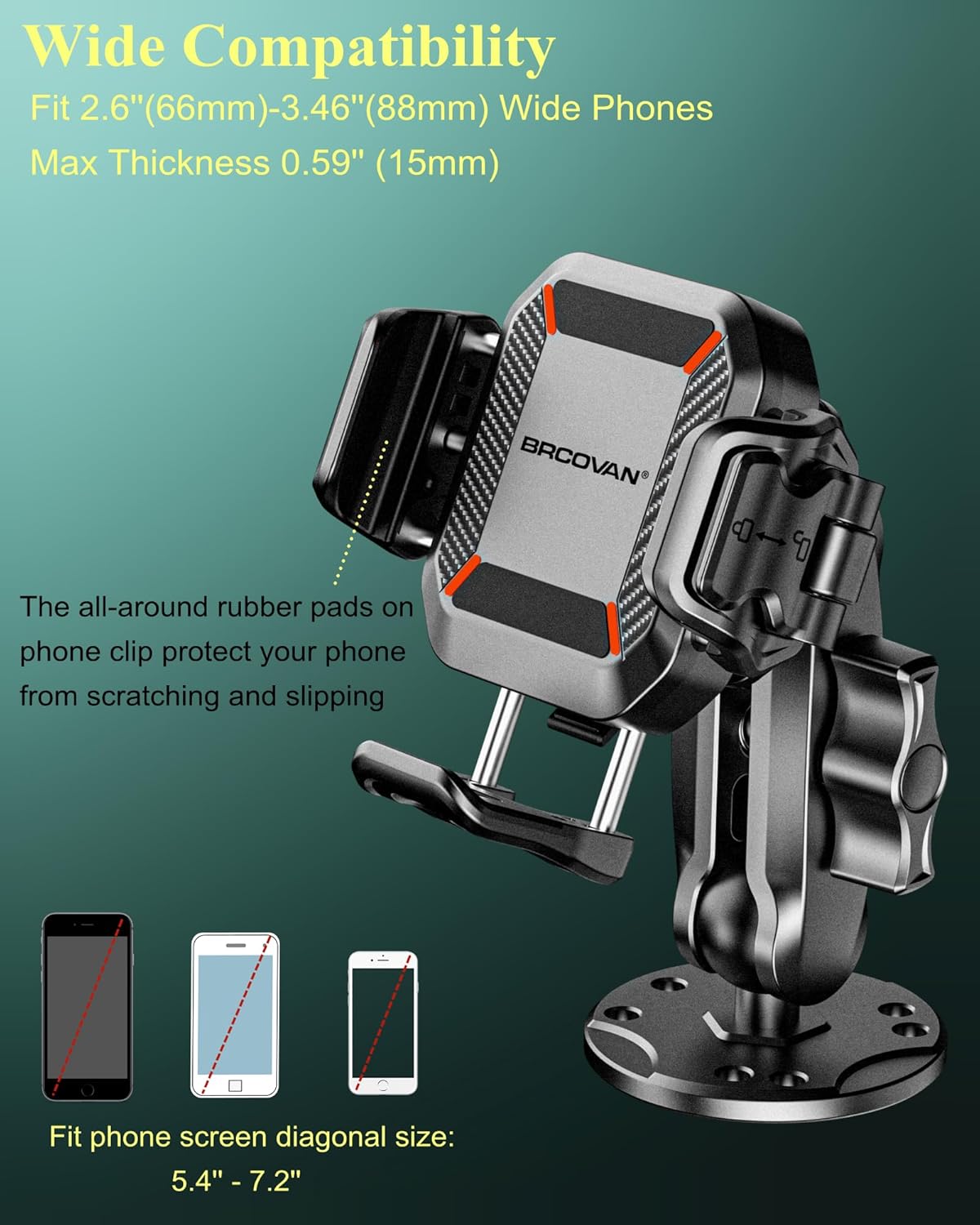 BRCOVAN Anti-Theft Phone Mount Holder with Vibration Dampener [Camera Friendly] [1s Lock & Release] with Aluminum Round Base & Medium Arm, for Car Boat Truck Motorcycle UTV, Fit 5.4-7.2'' Smartphones