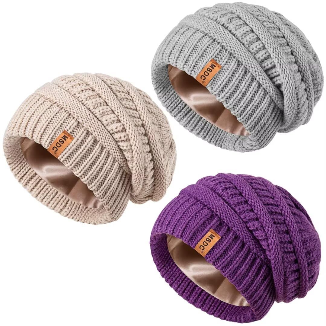 3 Pack Satin Lined Beanie for Women, Warm Slouchy Winter Hats with Silk Lined, Fashionable Oversized Cable Knit Hat Skull Cap