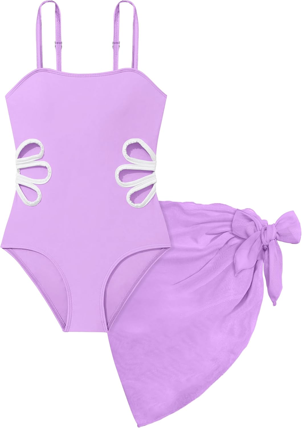 Girls Swimsuit, Adjustable Straps Cut Out One Piece Bathing Suit with Solid Color Cover Up Skirt Girls' Swimwear