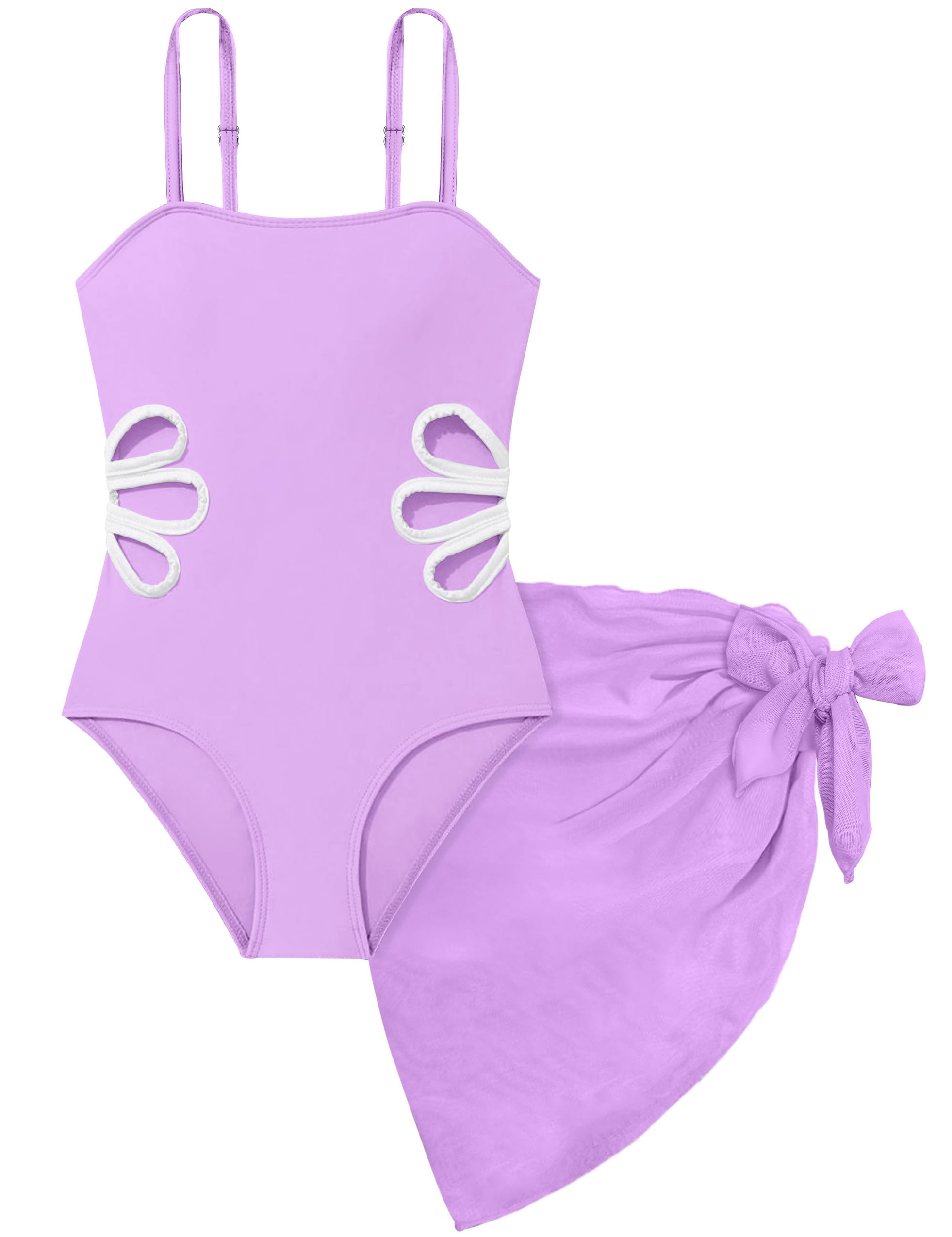 Girls Swimsuit, Adjustable Straps Cut Out One Piece Bathing Suit with Solid Color Cover Up Skirt Girls' Swimwear