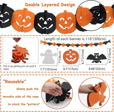 Halloween Decorations Indoor Party Decor, HAPPY HALLOWEEN Accessories with TRICK OR TREAT Banner, 3 PCS Large Garland Bat Ghost Pumpkin, Hanging Party Supplies Backdrop for Home Office Classroom