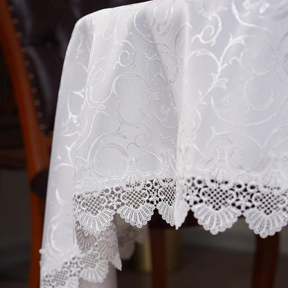 White Round Tablecloth Jacquard Table Cloth with Exquisite Lace Border Farmhouse Tablecloths Fall for Dining Wedding Coffee Outdoor Indoor Party Holiday Tabletop Use (White, 70 Inches Round)