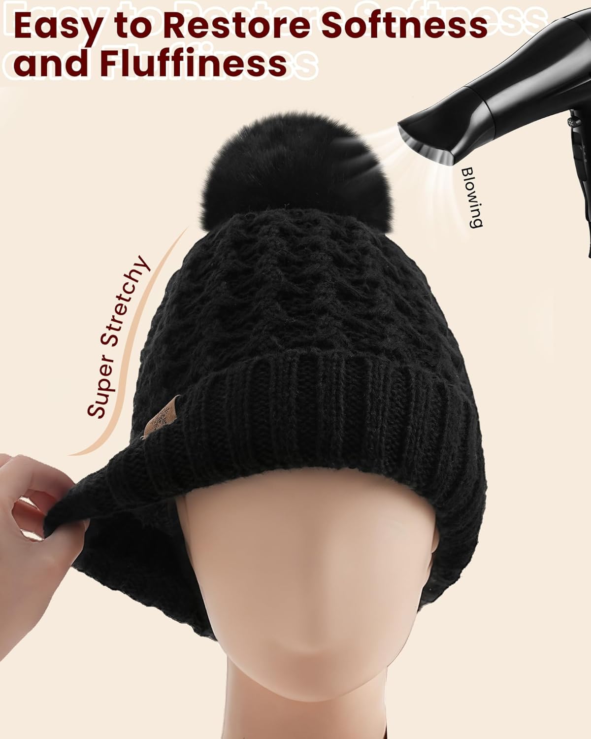 Trifabricy Womens Winter Hat Knit Crossed Cap Beanie Hats for Women Soft Warm Lined with Faxu Fur Pom Poms for Cold Weather