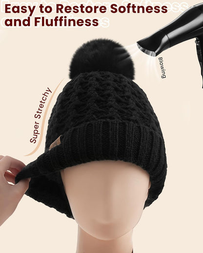 Trifabricy Womens Winter Hat Knit Crossed Cap Beanie Hats for Women Soft Warm Lined with Faxu Fur Pom Poms for Cold Weather