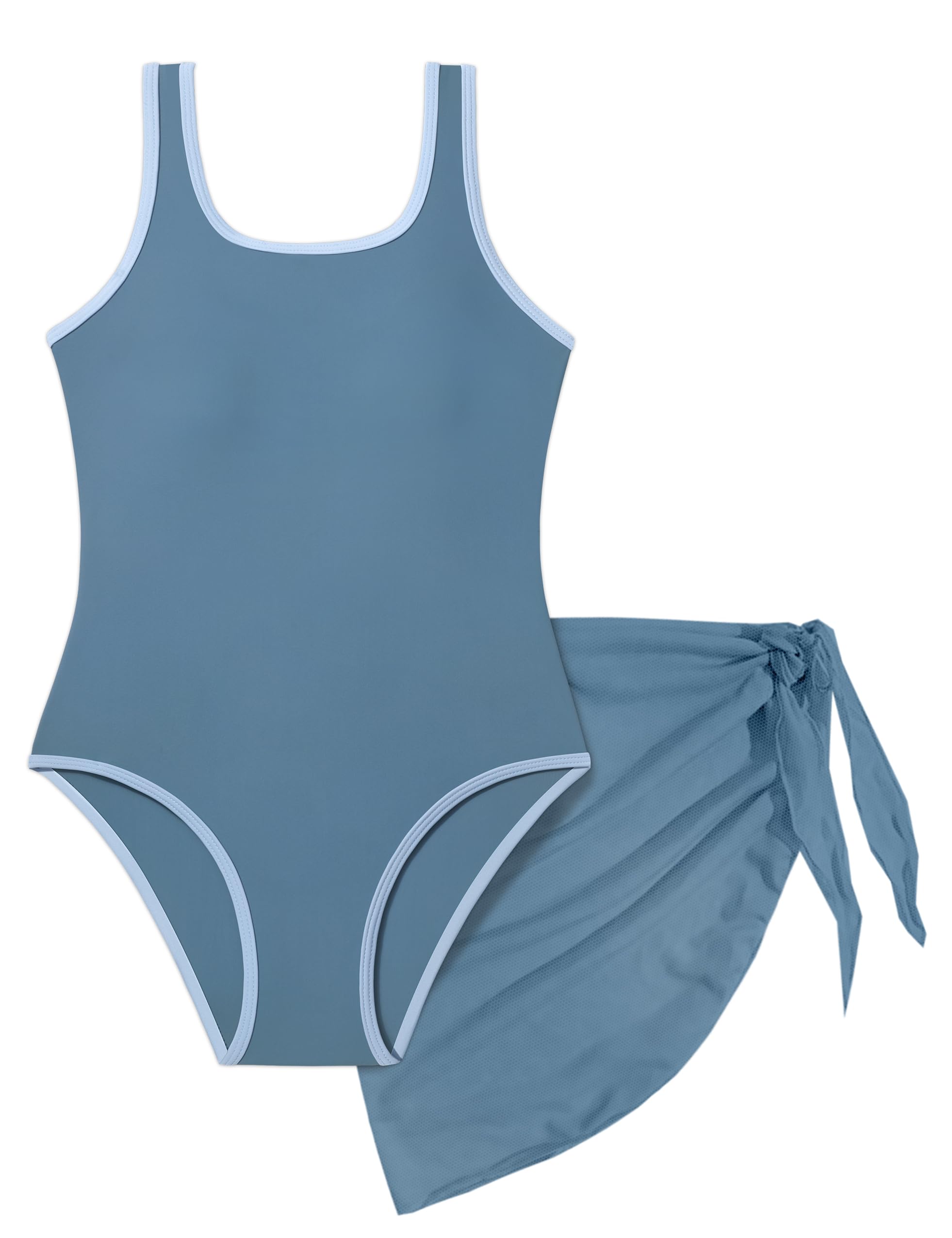 Girls Swimsuit, Adjustable Straps Cut Out One Piece Bathing Suit with Solid Color Cover Up Skirt Girls' Swimwear