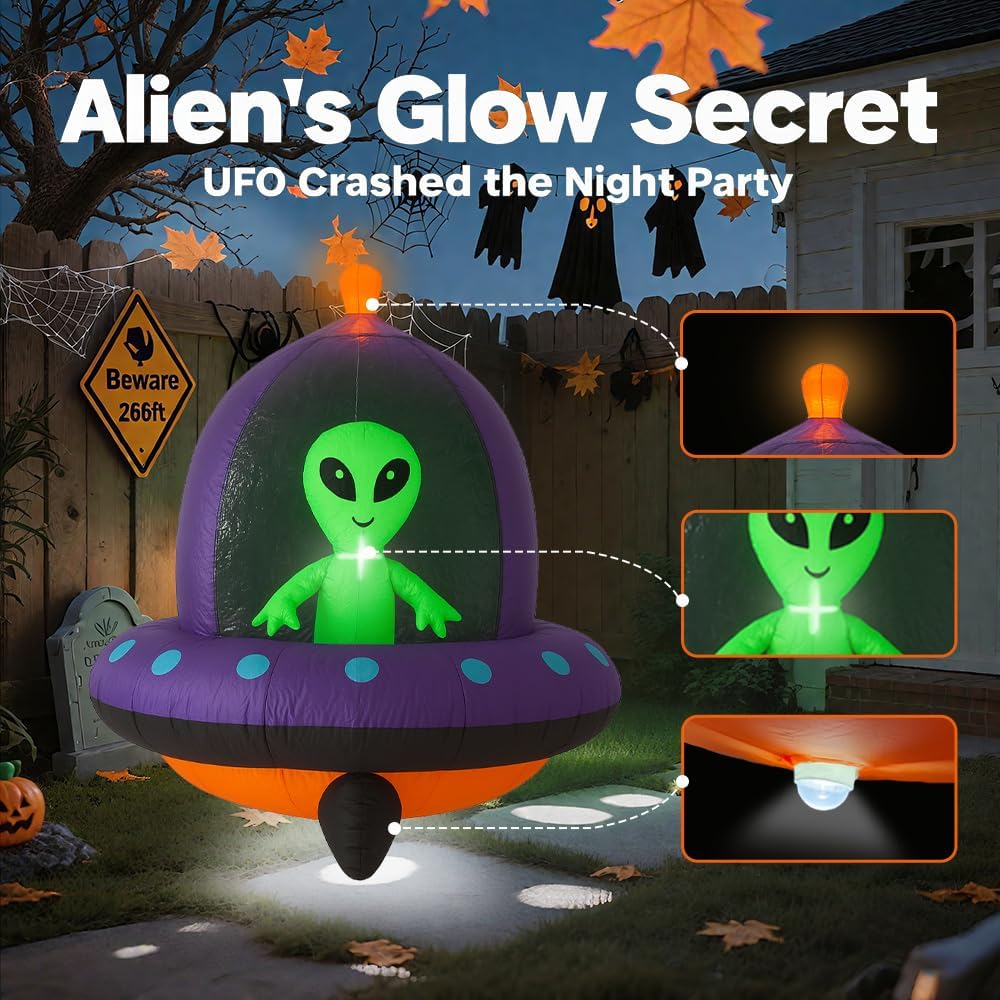 GARIG 5FT Halloween Inflatables Outdoor Decorations Aliens and UFO Build-in LEDs Lights Blow Up Yard Decorations for Garden Lawn Window Indoor Party Holiday Decor