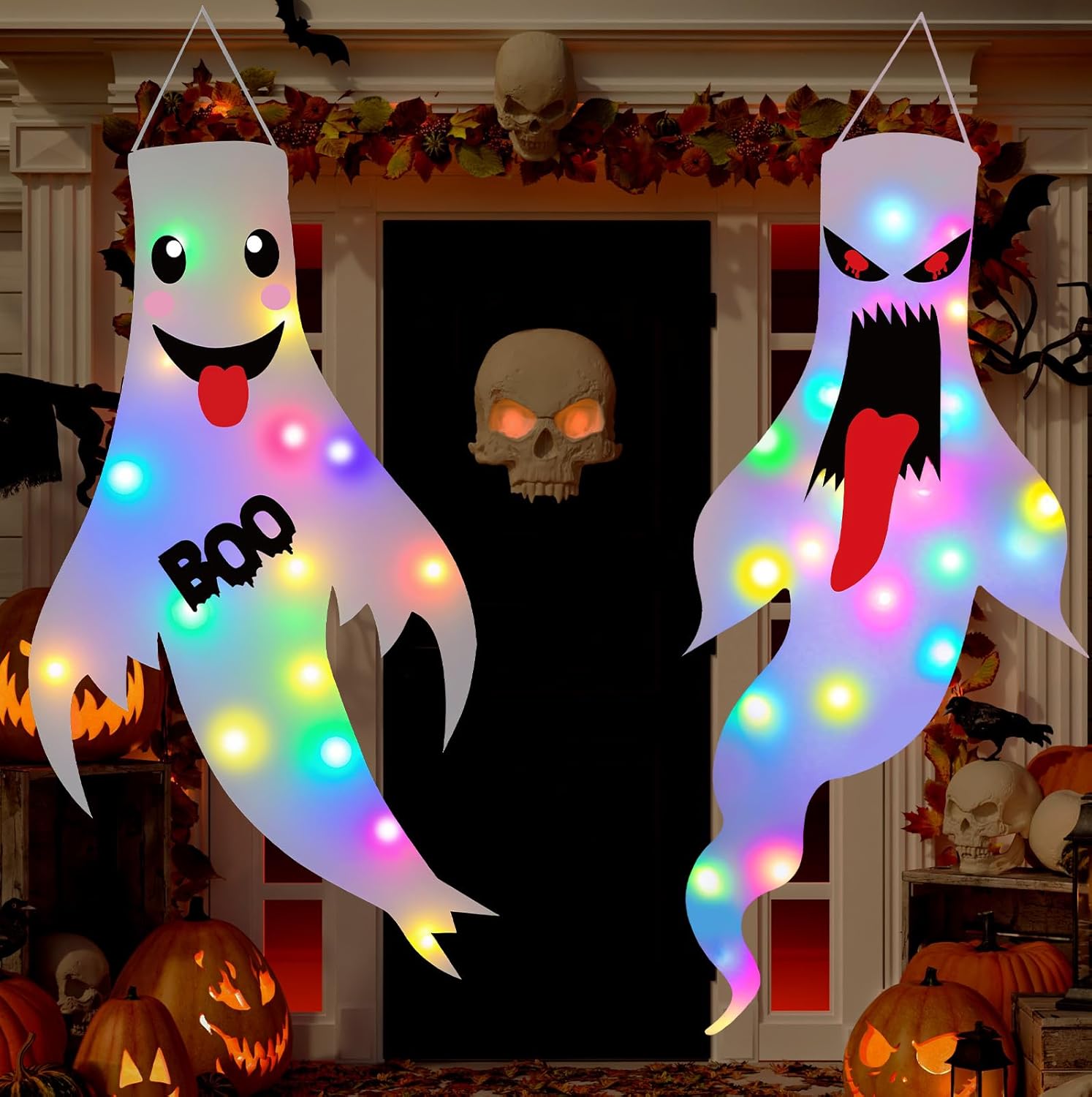 Halloween Decorations Outdoor Indoor, 2 Pack Light Up Ghost Decorations with LED Lights, Hanging Ghost Halloween Decor for Yard Porch Garden Lawn Party (1A-2Pack)