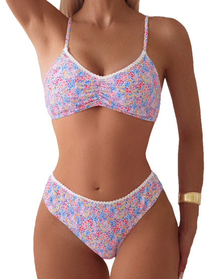 Limeeke Women's Bikini Sets Ditsy Floral Print Ruched Two Piece Swimsuits Spaghetti Strap Swim Bathing Suit 2025