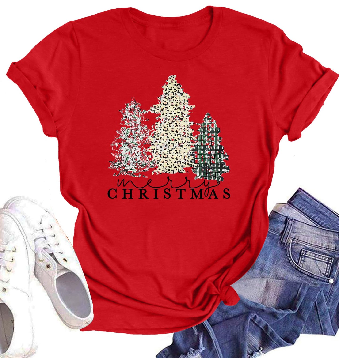 Believe Christmas Shirt for Women Christmas Tree Graphic T-Shirts Believe Letter Print Tees Holiday Tops