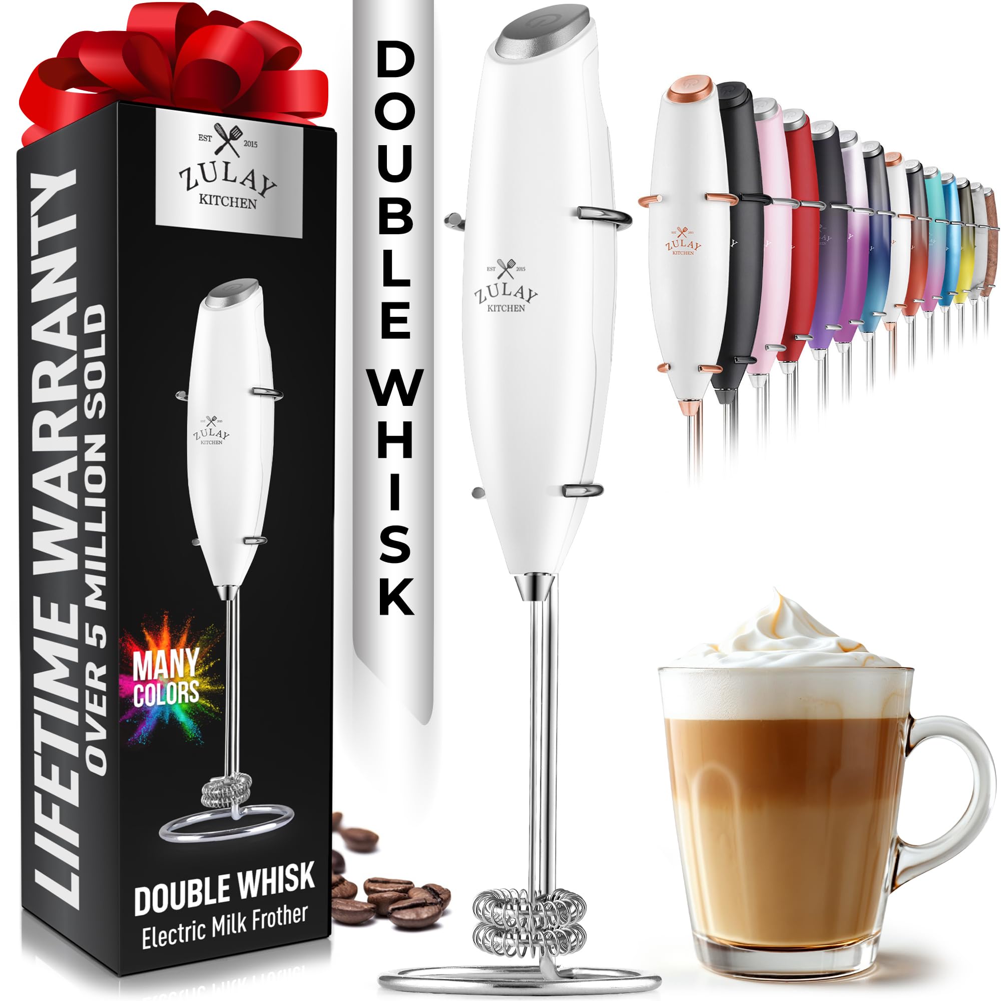Zulay Kitchen Powerful Milk Frother Wand With 2 Duracell Batteries - Ultra Fast Handheld Drink Mixer - Electric Whisk Foam Maker for Coffee, Lattes, Cappuccino, Matcha, Hot Chocolate & Creamer - Black