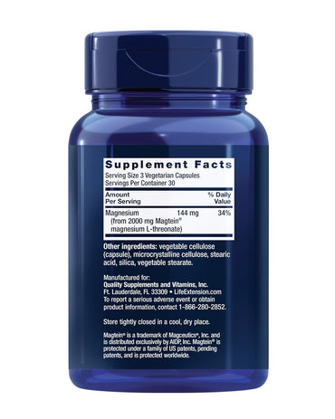 Life Extension Neuro-Mag Magnesium L-Threonate, Memory Health, Quick Thinking, Cognitive Health Support, Vegetarian, Non-GMO, 90 Vegetarian Capsules (144 mg from 2000 mg Magtein magnesium L-threonate