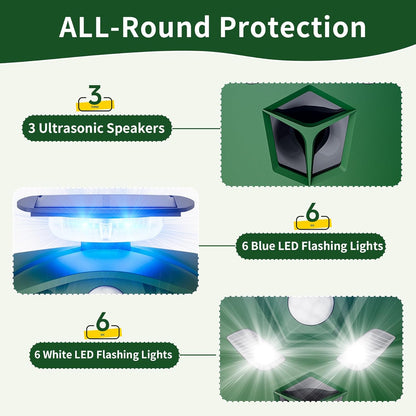 Solar Ultrasonic Animal Repeller Outdoor, 360° All Round Cat Deterrent Outdoor with 6 Flashing Lights and 3 PIR Sensors, Deer Repellent for Repelling Snakes, Raccoons, Cats, Dogs, Rabbits